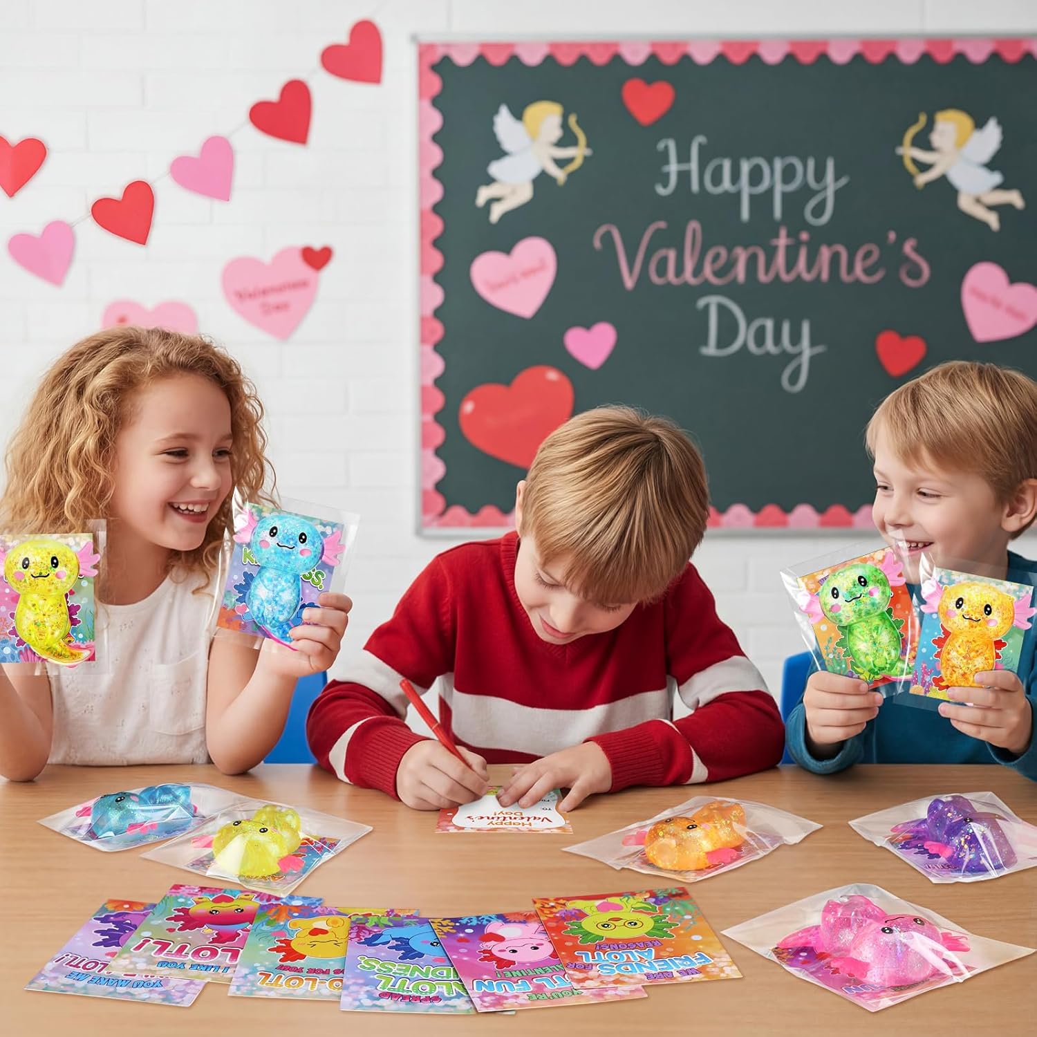 Capoda 12 Packs Axolotl Valentines Glitter Stress Relief Axolotl Valentine's Day Gift Set with Cards Bulk Slow Rise Sensory Fidget Toys for Stress Relief Cute Party Favors for Classroom Exchange Gifts