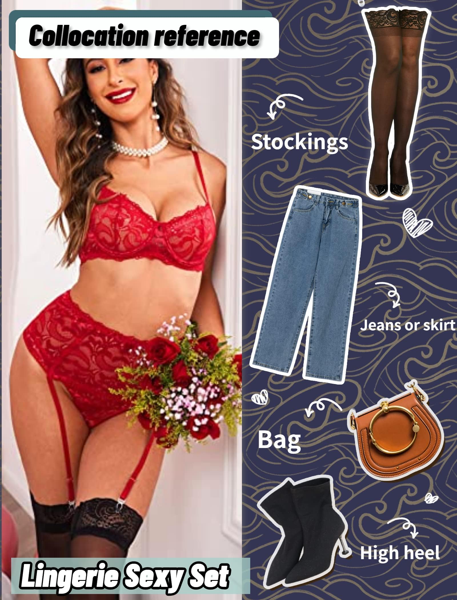Avidlove Women Lingerie Set High Waisted Underwire Lingerie With Garter Belt Lace Babydoll: Medium Red-2