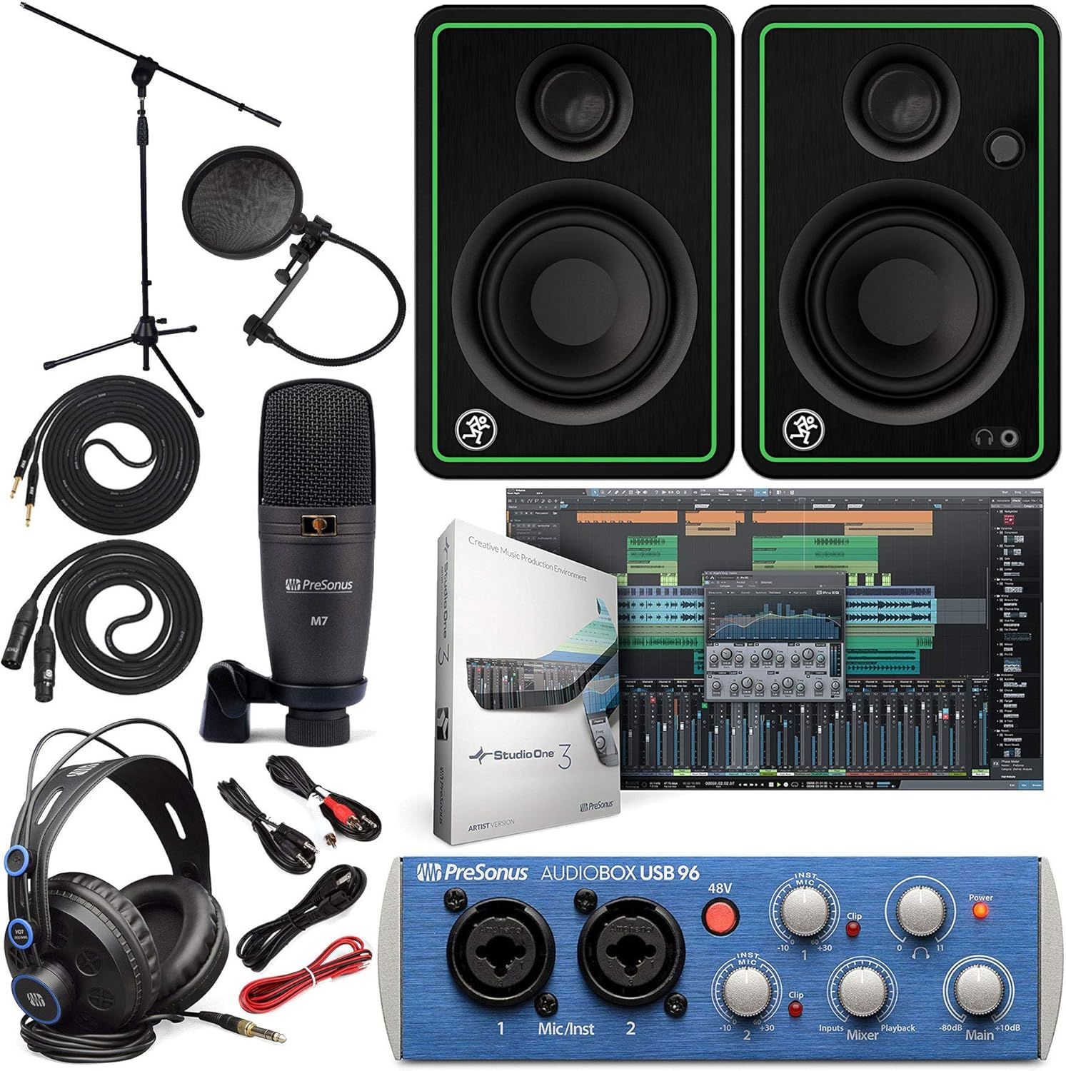 Presonus AudioBox 96 Audio Interface Full Studio Bundle with Studio One Artist Software Pack with Mackie New CR3-XBT 3" Pair Multimedia Bluetooth Monitors and 1/4” Instrument Cables
