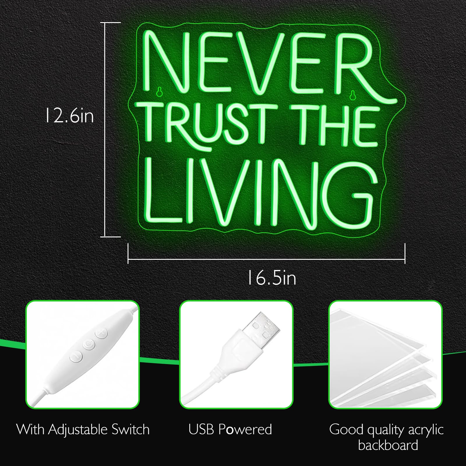 Cartello al neon a LED con scritta "Never Trust the Living", 41,5 x 32 cm, decorazione da parete in stile gotico verde, per Halloween, camera da letto, bar, tema horror, decorazione estetica spettrale