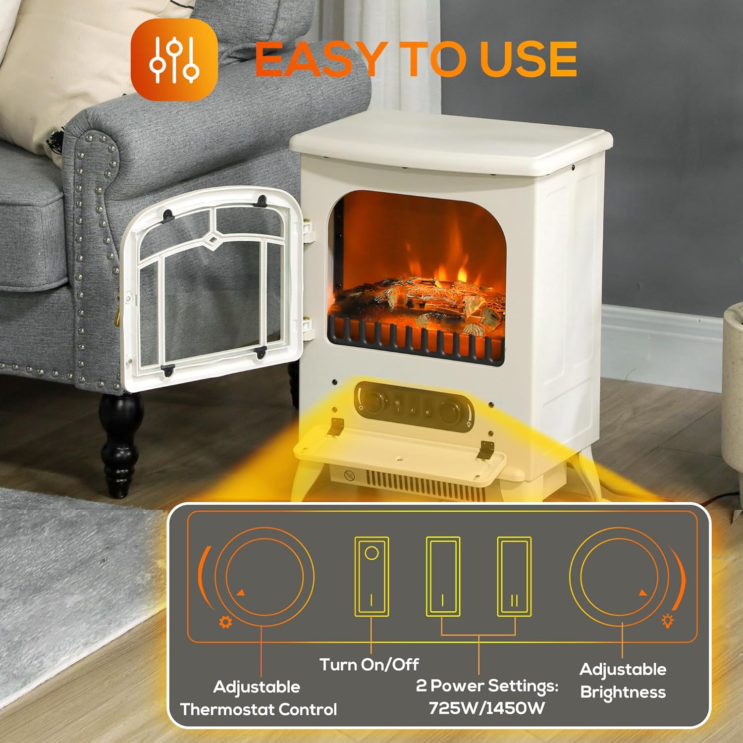 Close-up of the easy-to-use control panel with buttons for power, heat settings, thermostat, and flame brightness