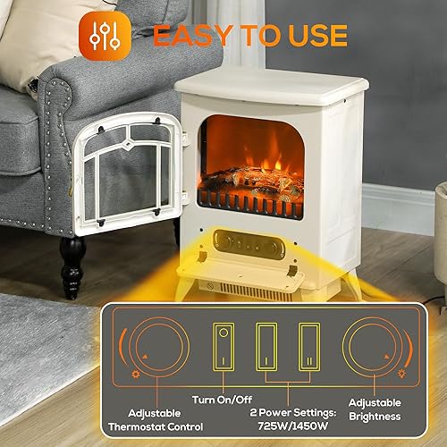 Miniatura 4 de HOMCOM Calentador eléctrico de chimenea de 22 pulgadas, estufa independiente con llamas LED realistas y troncos, y protección contra