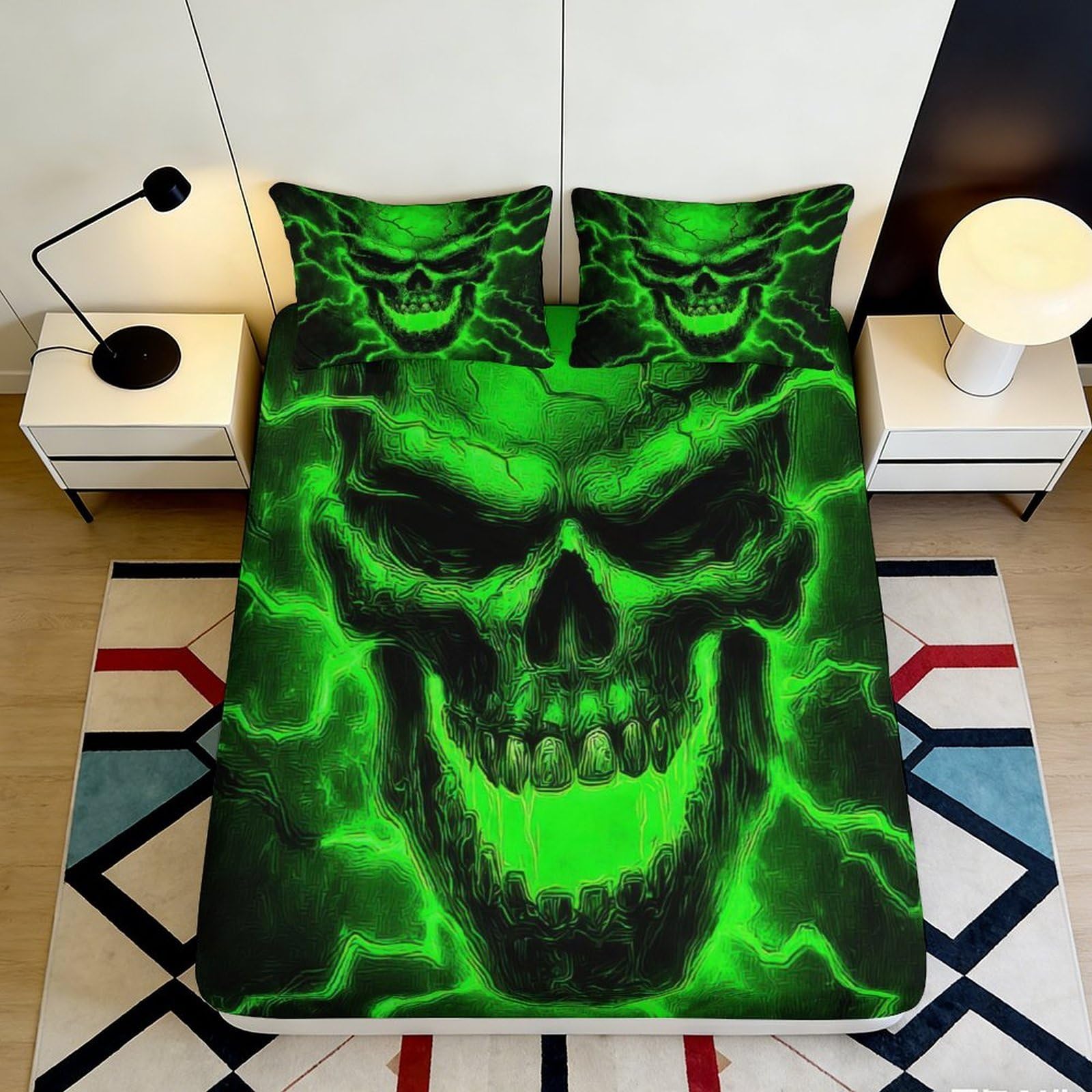 3D Printed Green Skull Lightning Fitted Sheet Microfiber Soft Durable Neon Skull Bed Cover for Bedroom Dormitory Guest Room Protection 200x200x25cm