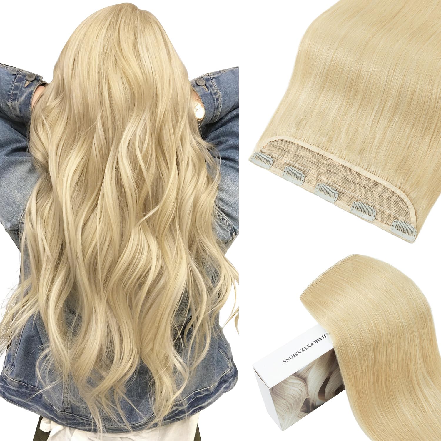 TESSHAIR 5 Clip One Piece Clip in Hair Extensions Real Human Hair 16 Inch Human Hair Clip in Extensions Bleach Blonde 3/4 Full Head Hair Extensions