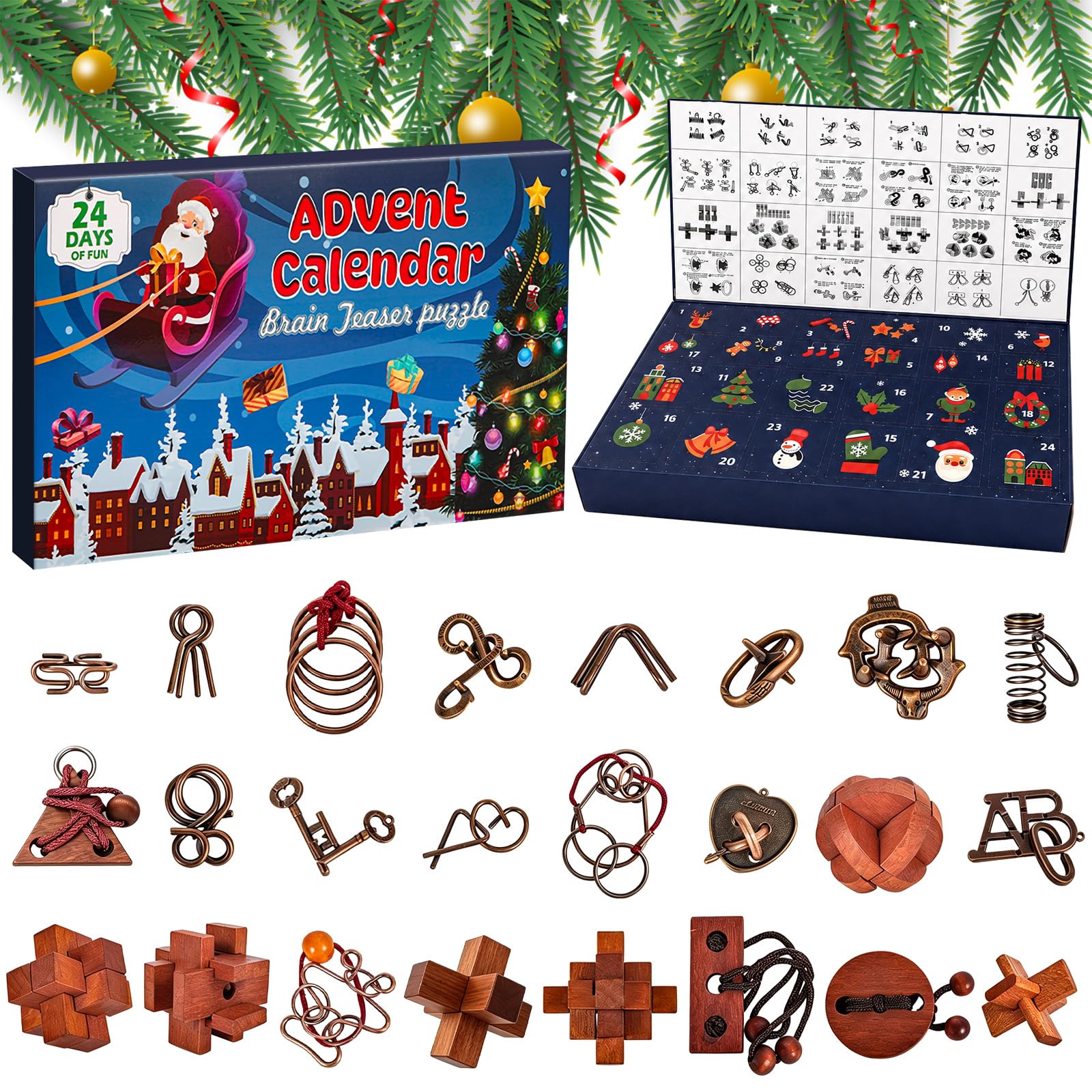 Brain Teaser Advent Calendar 2026 24Pcs Wooden Luban Locks and Metal Wire