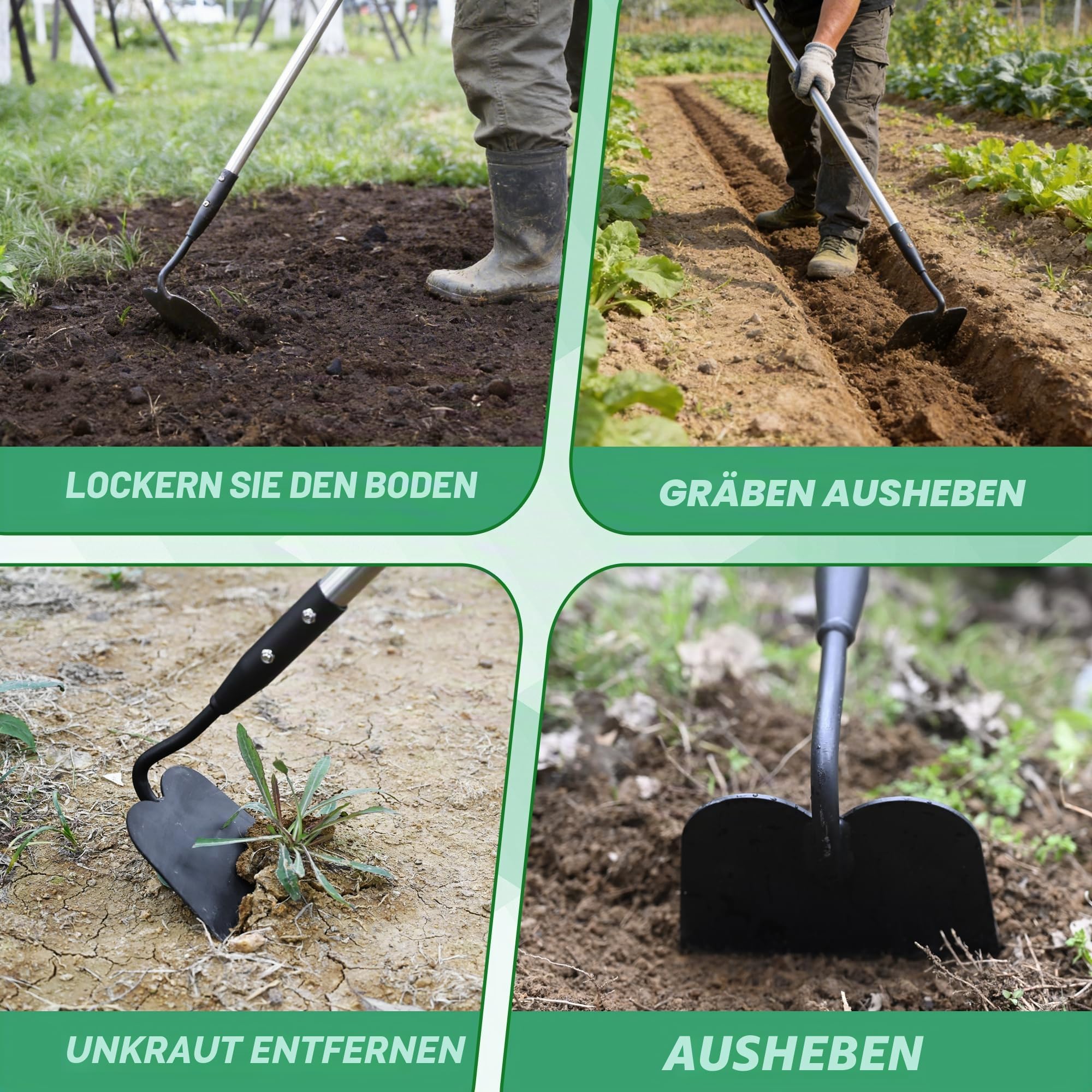 YEELOR Gartenhacke, Langstielhacke, Gartenwerkzeug mit rutschfester Silikonabdeckung, 142,2 cm Edelstahlgriff, robuste Hacke mit langlebiger Klinge, zum Graben, Lockern, Jäten, Pflanzen