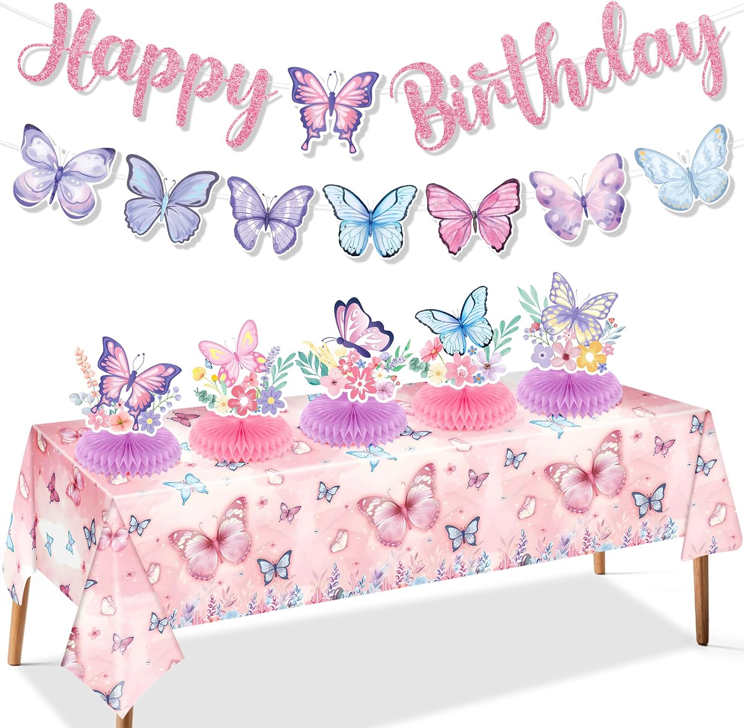 Butterfly Party Decorations Spring Pink Butterfly Happy Birthday Banner Backdrop Balloons Floral Plates Napkins Tablecloth Table Honeycomb Centerpieces for Girl Kid Princess Birthday Supplies Serves10
