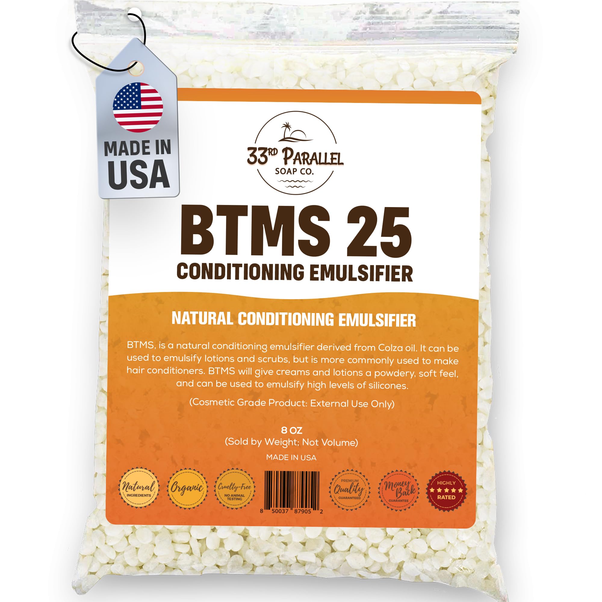 BTMS 25 Conditioning Emulsifier | Sizes 2 OZ to 1 LBS | Behentrimonium Methosulfate Cetearyl Alcohol Emulsifying Conditioner | (8 OZ)