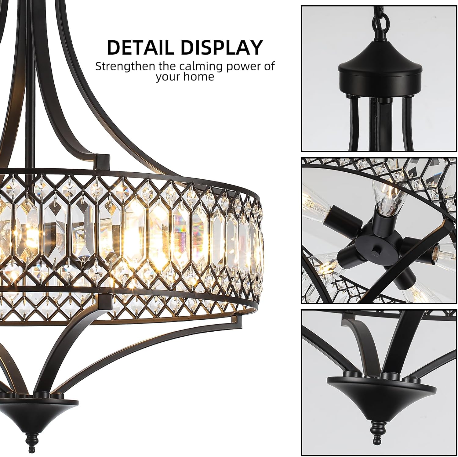20" Black Crystal Chandeliers for Dining Room, 5-Light Modern Farmhouse Round Crystal Chandelier Light Fixture, Adjustable Height Hanging Pendant Lights Living Room Bedroom Kitchen Island Entryway