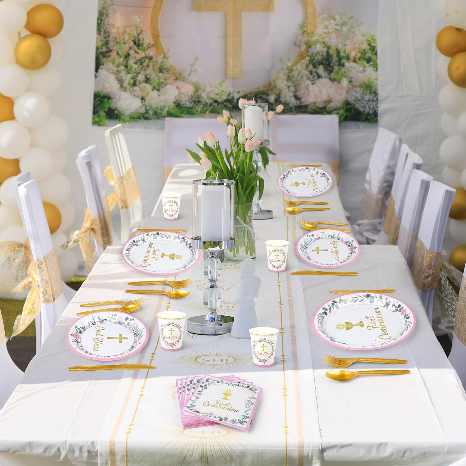 Kochorie 400 Pieces Pink First Communion Decorations, Disposable First Holy Communion Party Tableware Set with Plates Cups Napkins Cutlery Serves 50 for Baby Shower God Bless Baptism Party Supplies
