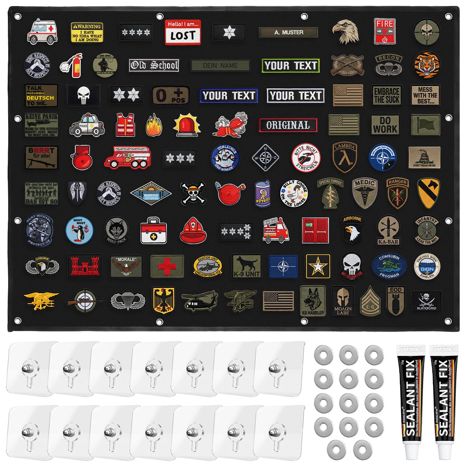 114x76cm Klett Patch Wand, Taktisch Militär Klettwand für Abzeichen Schwarz | Faltbar Patches Klett Patchwand, Wand Klettfläche Klettmatte, Patch Display Tafel mit Ösen für Aufnäher Stempeln Aufklebern