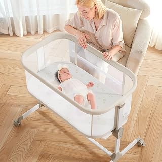 Fodoss All-Mesh Bedside Bassinet Sleeper with Wheels & 7 Height Adjustments - Breathable Portable Crib for Newborns, Beige