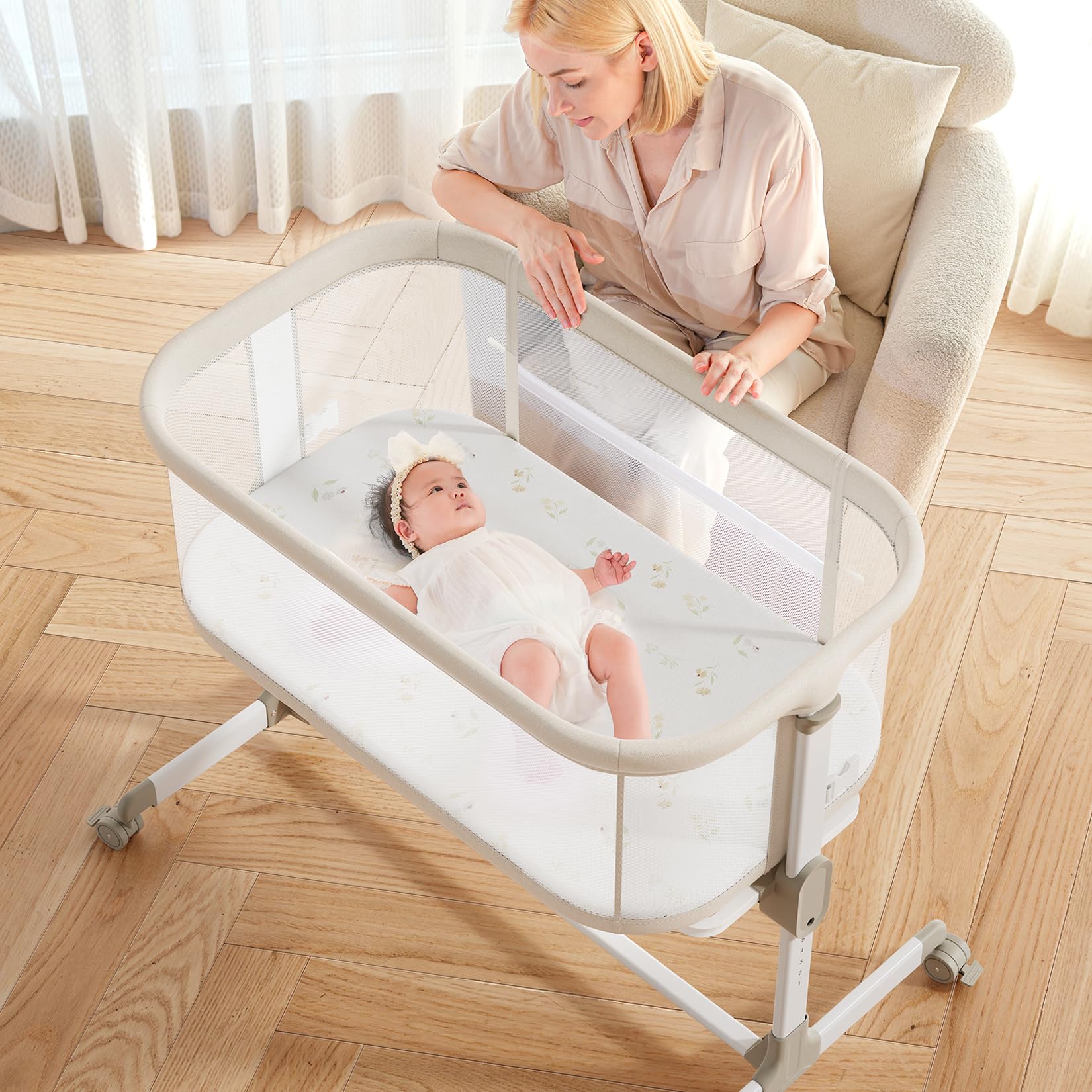 Fodoss Baby Bassinets Bedside Sleeper - All Mesh Bedside Bassinet with Wheels, 7 Height Adjustable Baby Bassinet for Infants, BeigeRecycled Claim Standard 100