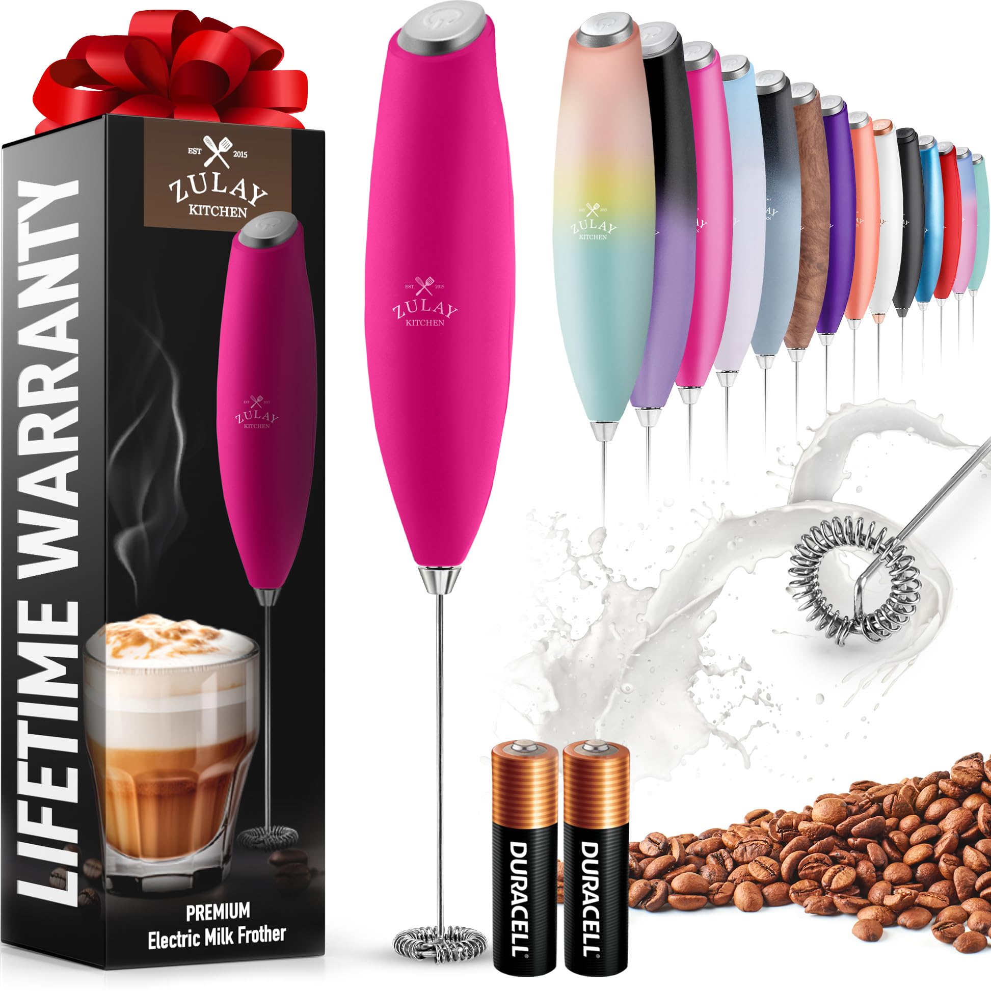 Zulay Powerful Milk Frother for Coffee with Upgraded Titanium Motor - Handheld Electric Whisk, Milk Foamer, Mini Mixer & Coffee Blender for Frappe, Latte, Matcha, No Stand - Dragonfruit