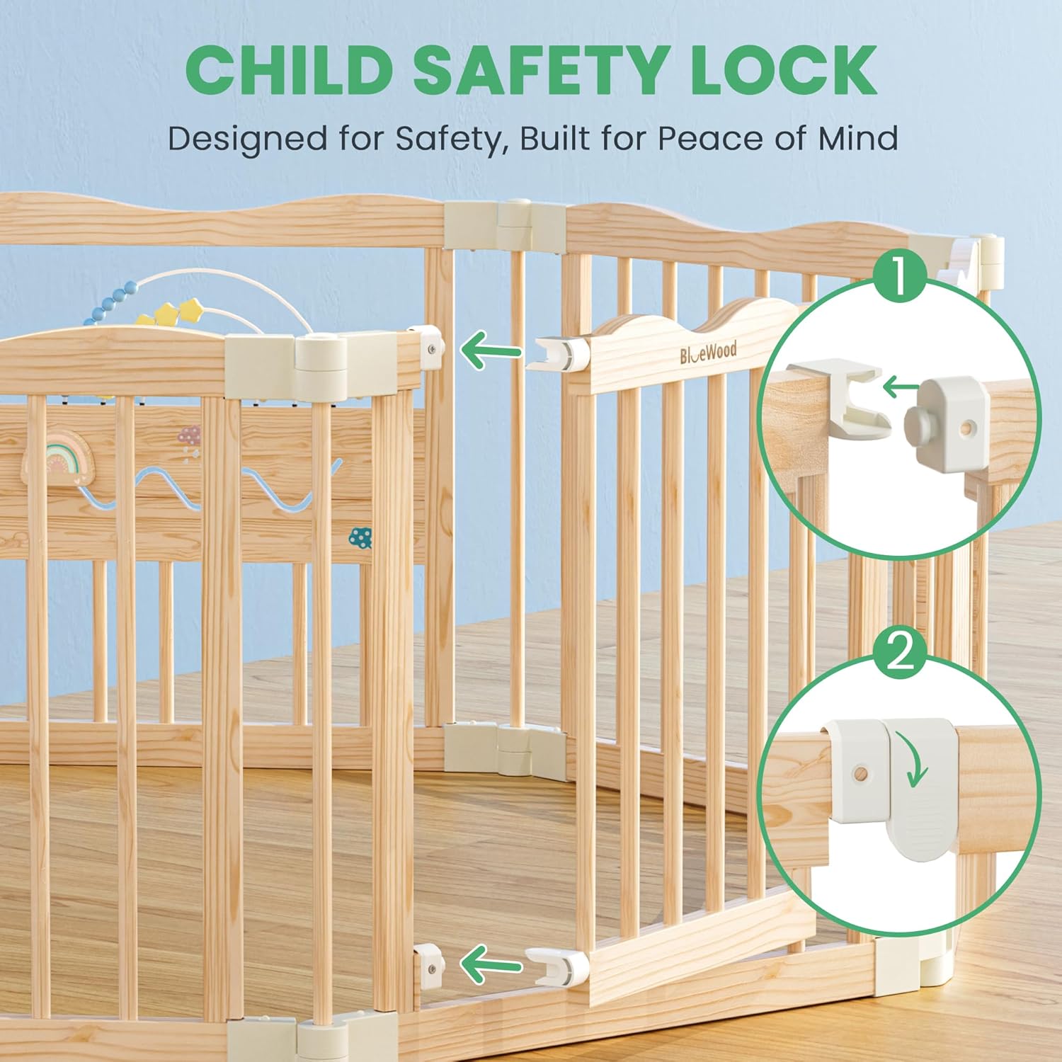 Foldable Wooden Playpen - Adjustable Wood Baby Play Yard with Child-Proof Lock, Indoor Large Safety Fence for Babies and Toddlers - Easy Assembly, 55 x 55 x 24 inches, Natural Rainbow Dream