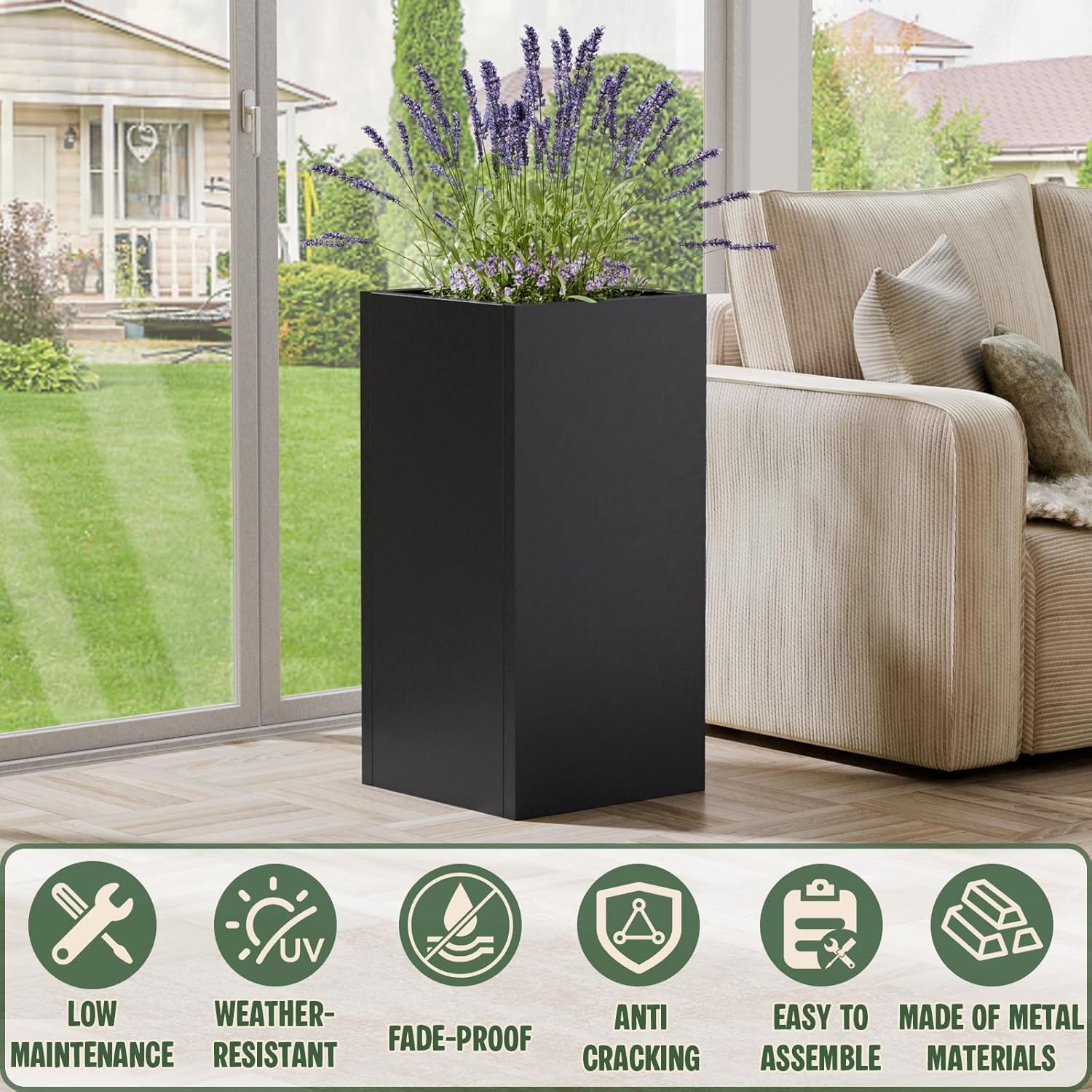 Tall Metal Planters Box for Outdoor Plants 2 Pack- 23.6" H Steel Tall Square Planter with Removable Insert Shelf, Modern Heavy Duty Pedestal Planter Front Porch Decor Patio Garden, Black