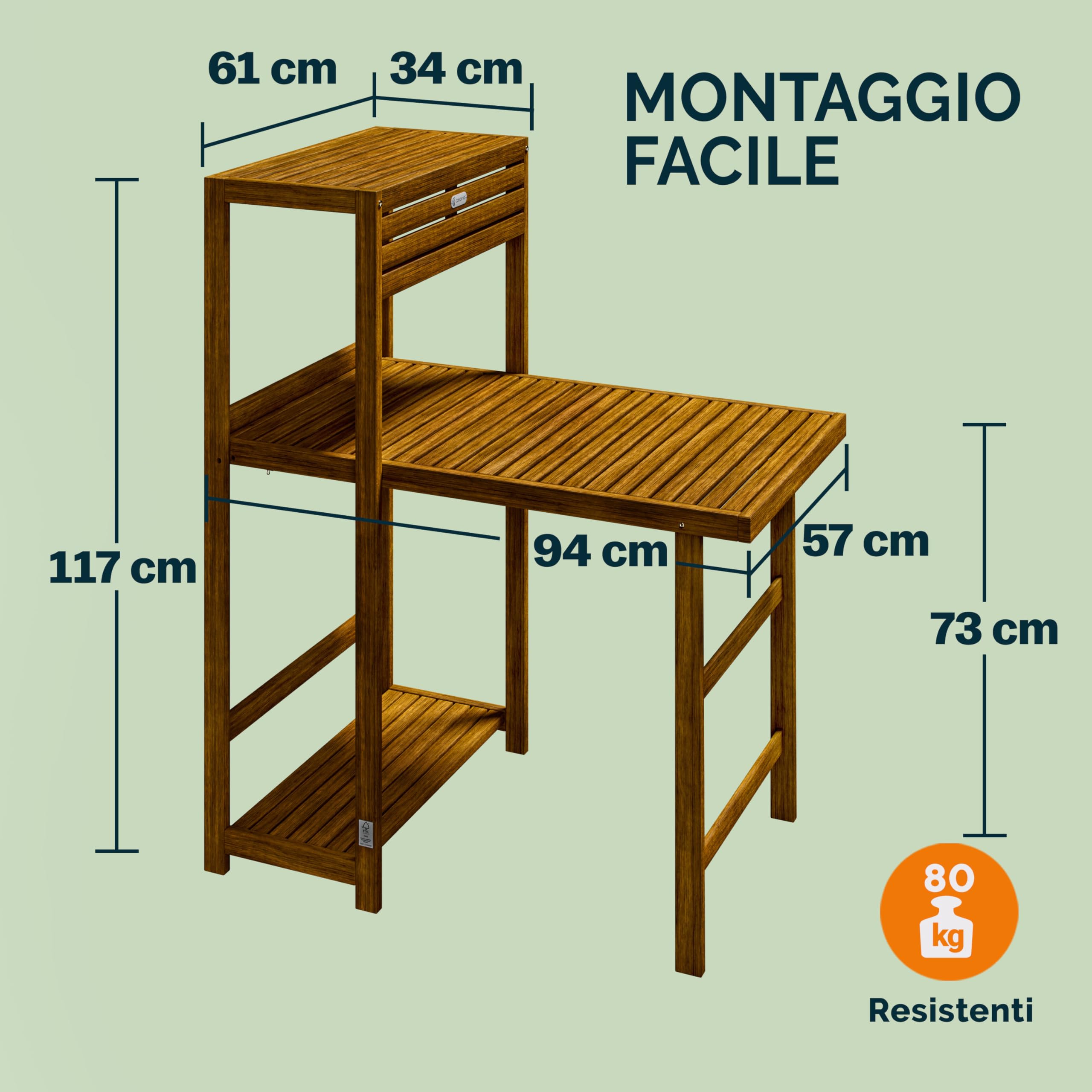 Casaria® Set da balcone per 2 persone, resistente alle intemperie, pieghevole, in legno, 160 kg, con certificazione FSC®, 95 x 117 cm, 3 pezzi, colore marrone