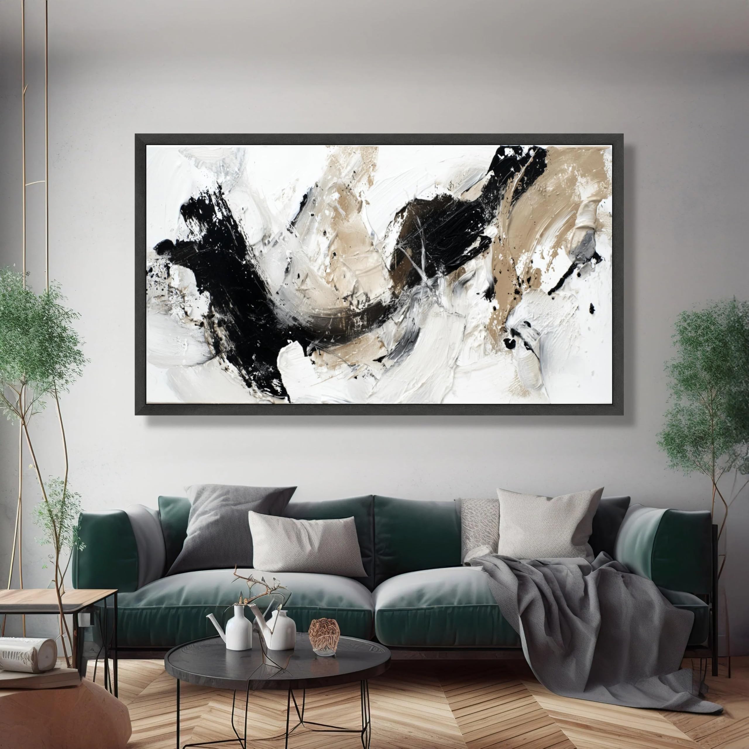 DHFGHFJ Cuadro abstracto moderno sobre lienzo, pintura en blanco, negro y beige, obra de arte contemporánea sobre lienzo para la decoración de paredes del hogar (50x100cm/marco interno)