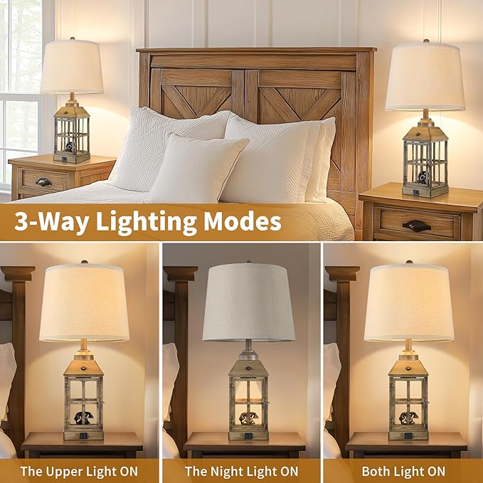 Lovlast 25" Farmhouse Table Lamps for Living Room, Table Lamps Set of 2 with USB Port and Nightlight, Rustic Table Lamp for Bedroom, Bedside Lamp for Nightstand, End Table, Home, LED Bulbs Included (Wood) photo 6
