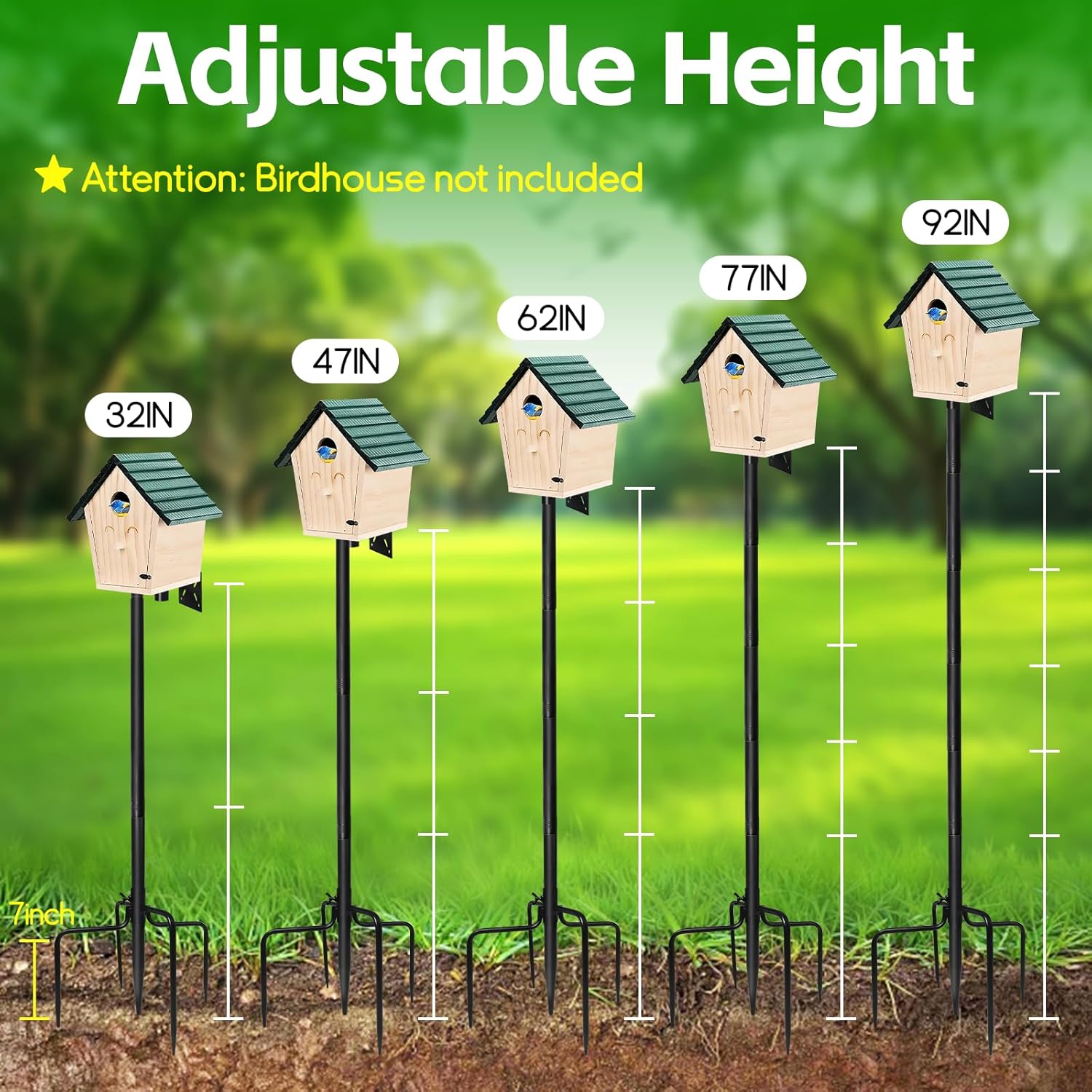 Bird Feeder Pole, 92 Inch Bird House Pole, Adjustable Bird Feeder Stand with 5-Pronged Base, Heavy Duty Metal Mounting Kit for WildBird Garden,Slip-Fit Connection, Black, Easy Setup, Without Feeder