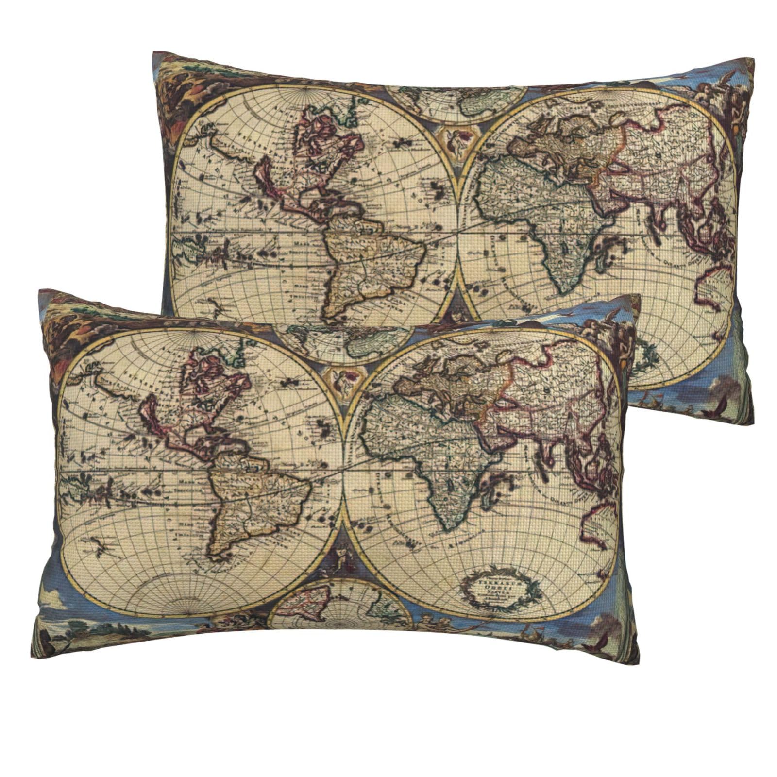 Ancient Map World Globe Printing Simple Opulence Imitation Linen Pillowcase 2 Sets Of Soft And Durable 12''X20'' For Sofa Bed