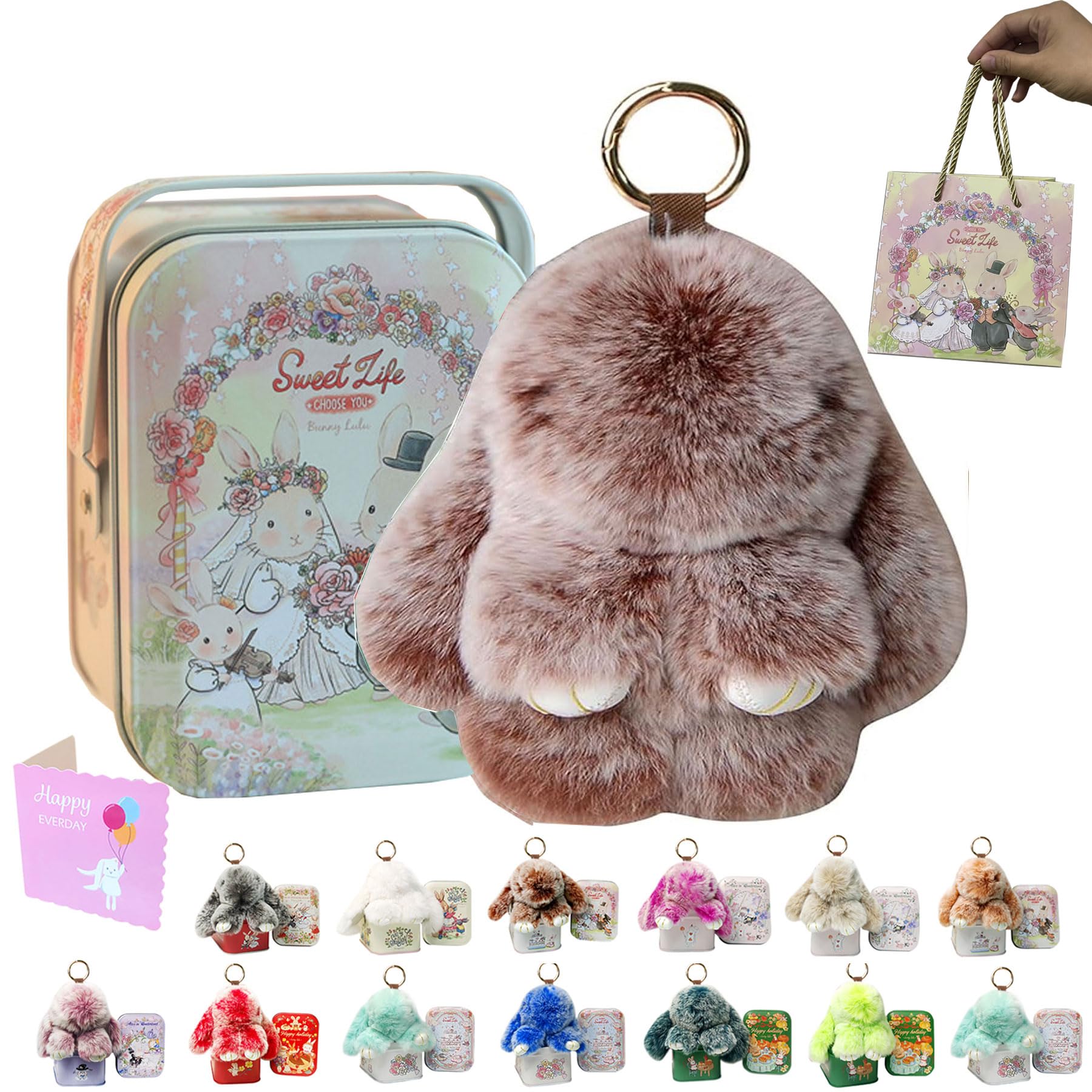 MINGRI Soft Bunny Lulu Keychain with Tin,Best Gifts for Her Pluch Keychain,Cute Bag Charm Key Chain