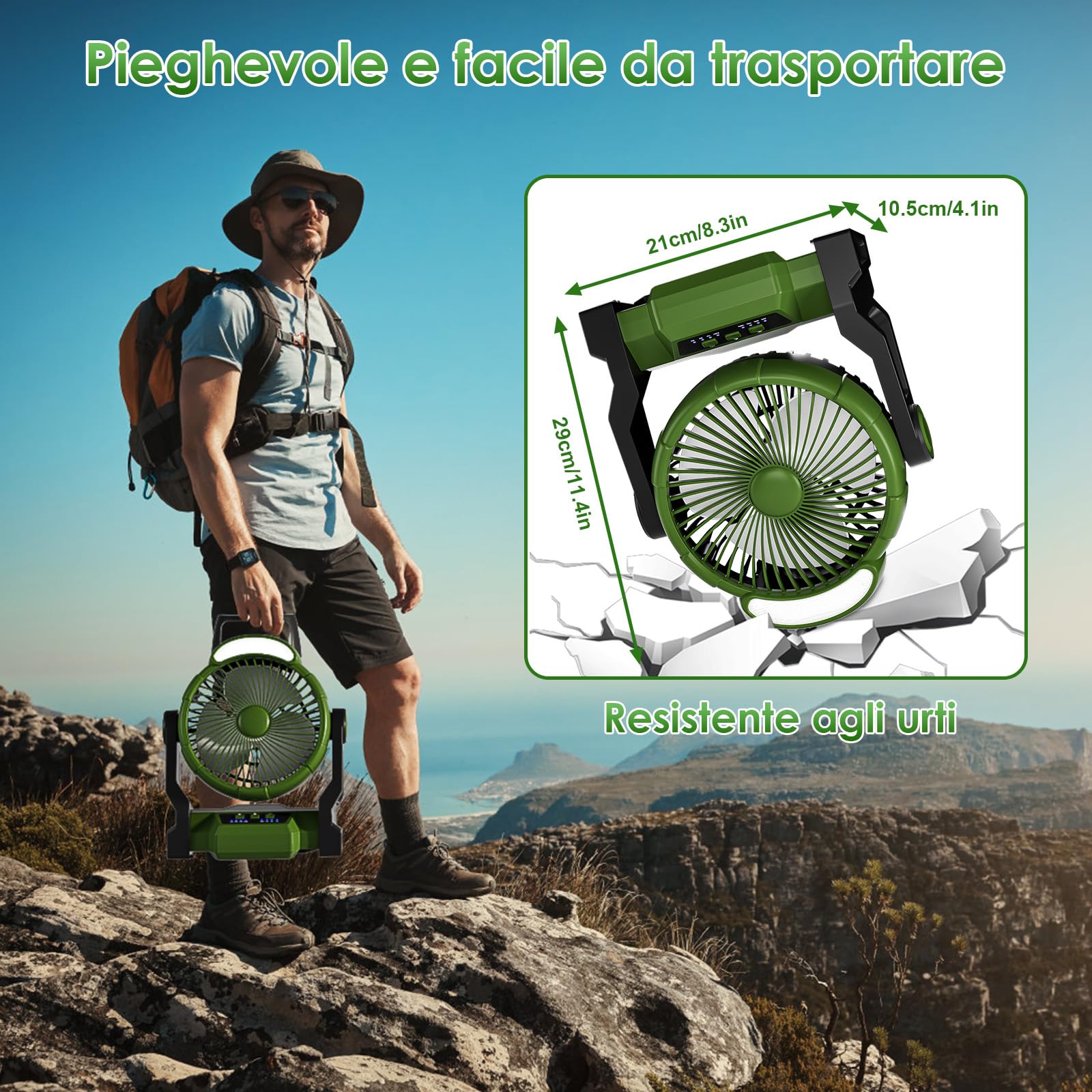 GuKKK 15000mAh Ventilatore da Campeggio con Luce LED, 3 Velocità Ventilatore Portatile con Gancio,Timer, Ventilatore Ricaricabile con Rotazione 270°, Ventola USB per Casa Esterno Campeggio Tende