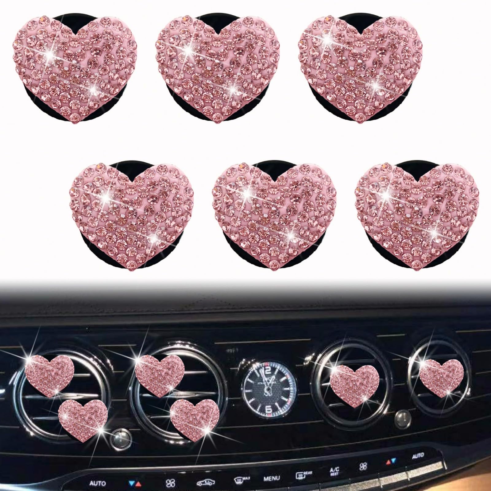 6 clips para rejilla de ventilación de coche con forma de corazón de cristal y diamantes brillantes, difusor de ambientador de coche, accesorios decorativos para interiores de coche para mujer, color rosa