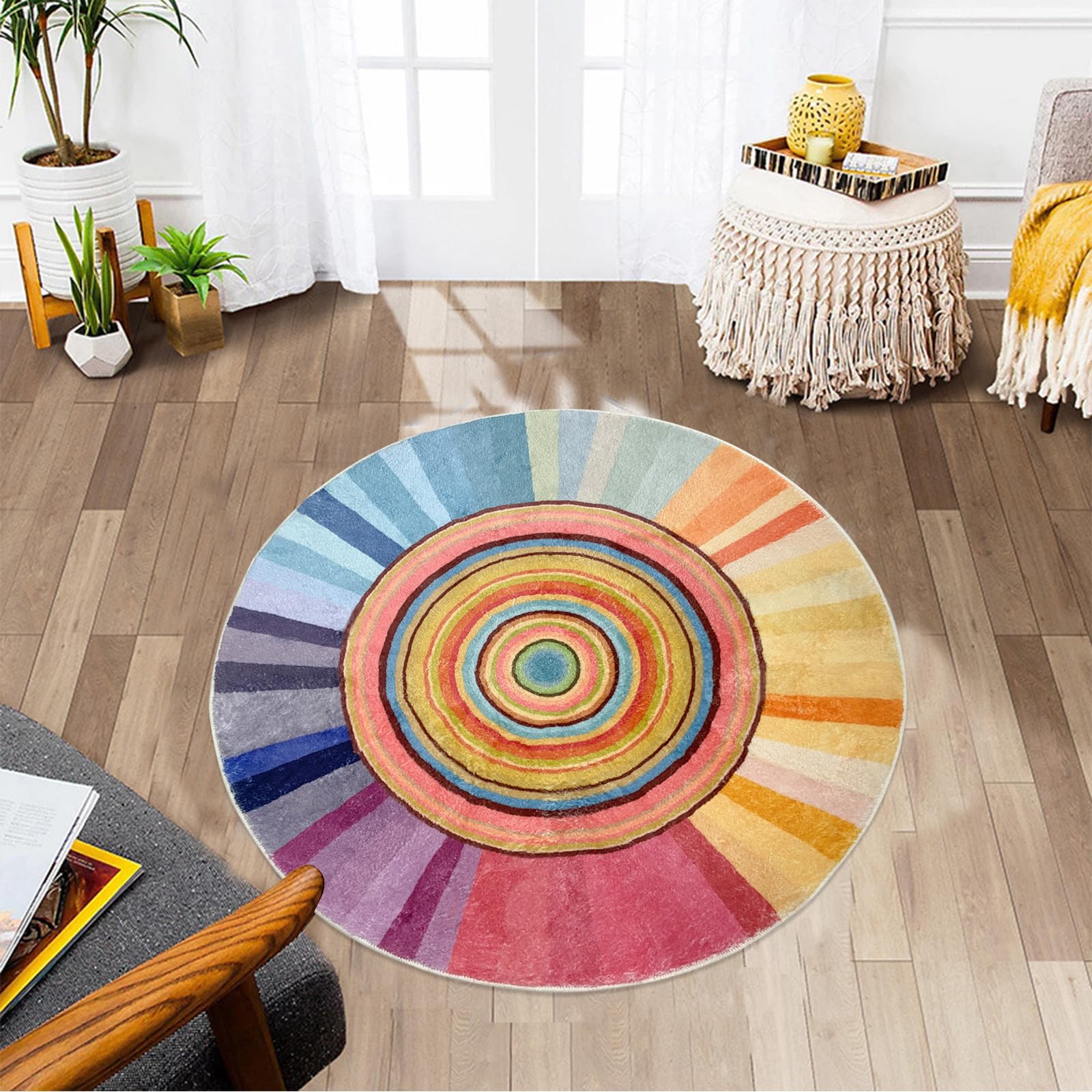 Lacomfy Kids Rug Circle Sun Rug for Girls Bedroom Round Rainbow Nursery Mat 2.6Ft Chic Bedside Carpet for Children Cartoon Crawling Mat for Playroom Indoor Home Decor