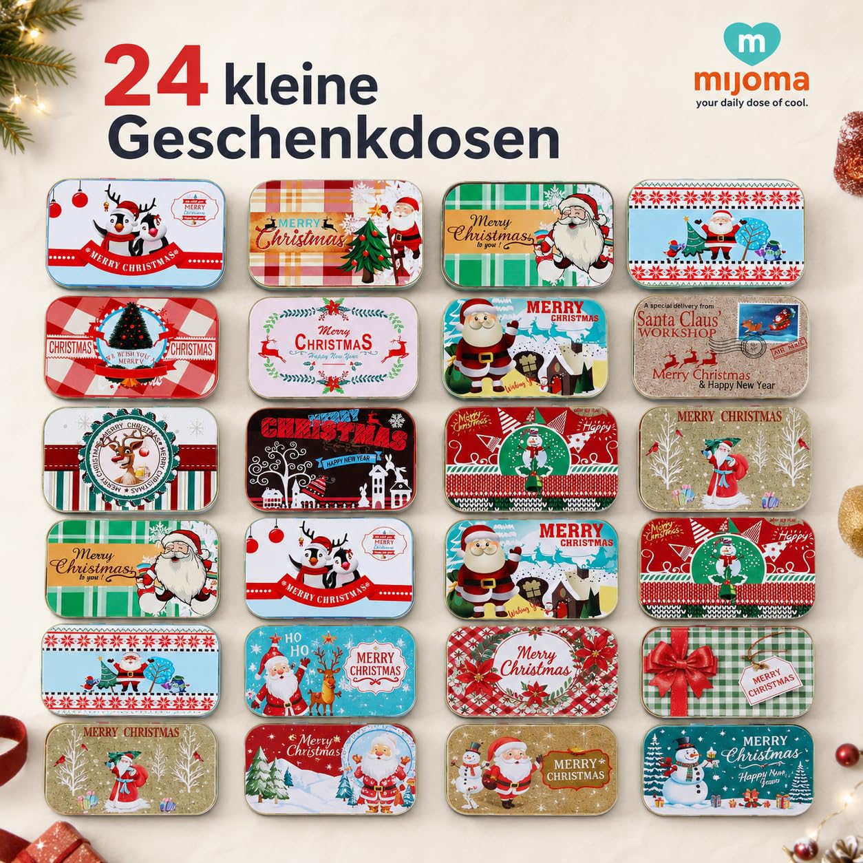 MIJOMA Set di 24 scatole di metallo natalizie, piccole scatole regalo per regali di denaro, buoni, cioccolatini e messaggi personali, confezione regalo nostalgica con coperchio ribaltabile