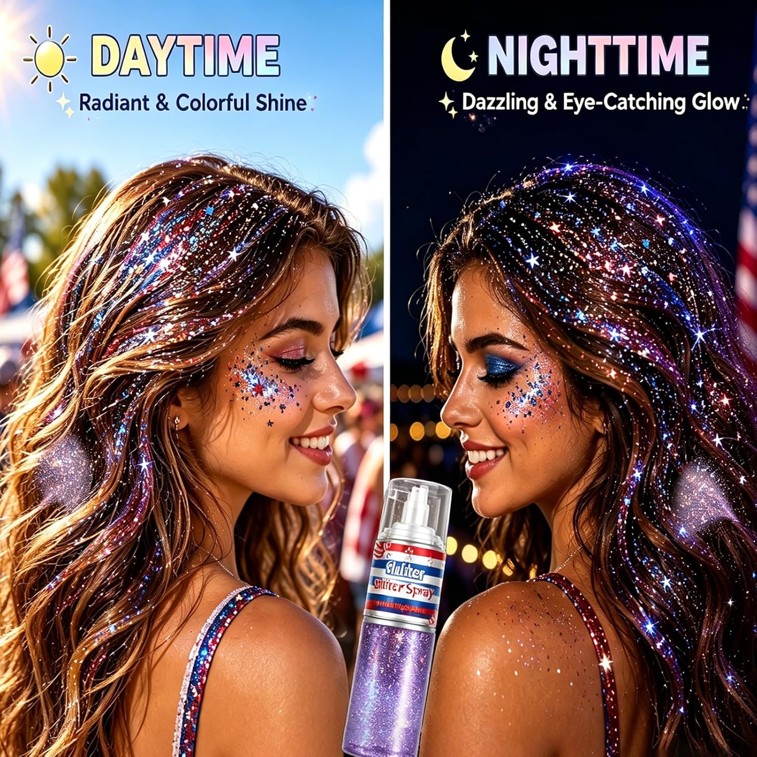 Red White Blue Glitter Spray for Hair and Body, Patriotic Shimmer Spray for 4th of July Independence Day Festivals and Parades, Quick Dry Lightweight Sparkle for Women Kids Party Looks