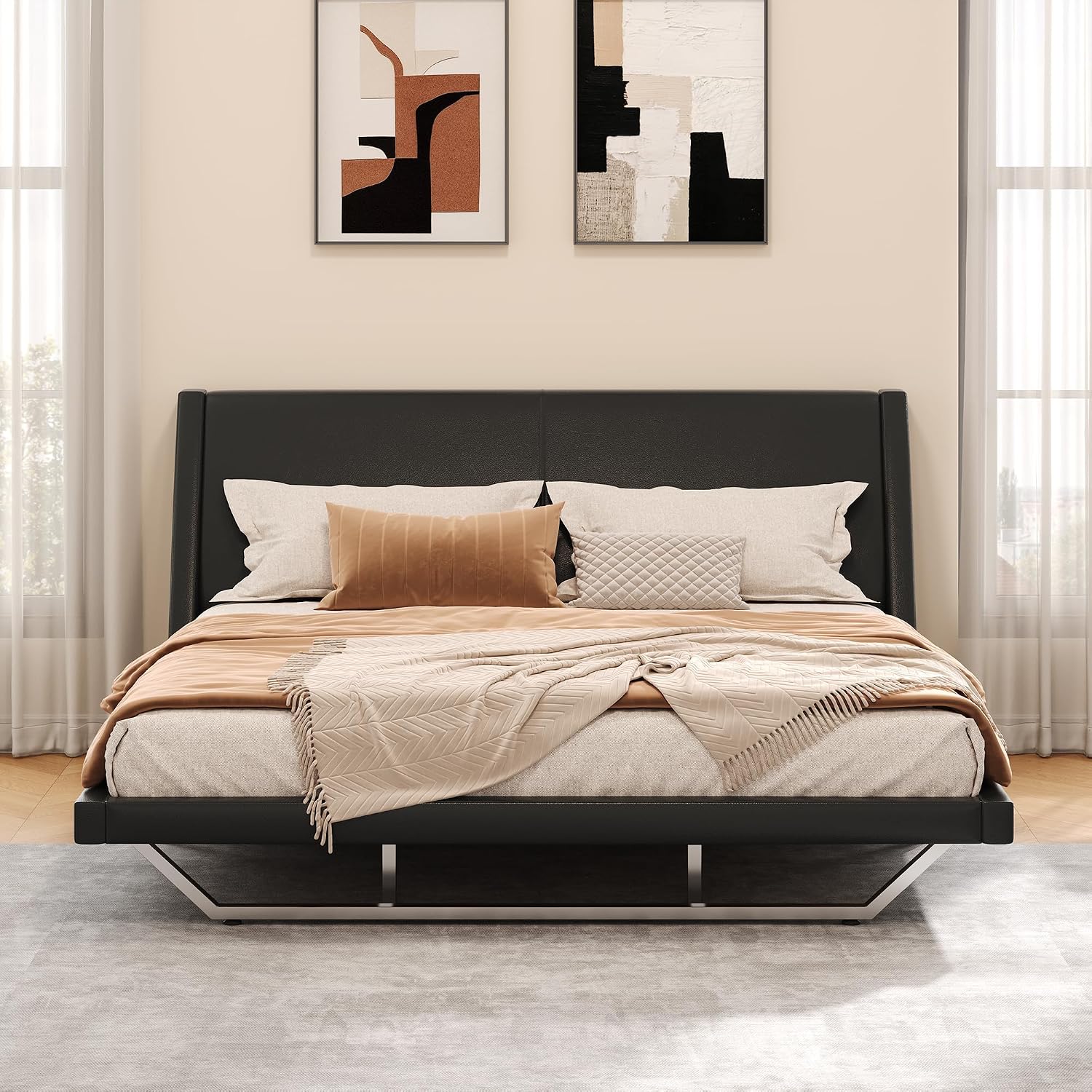 Christopher Knight Home Hudley Faux Leather King Size Bed Frame with Headboard, PU King Size Platform Bed Frame with Metal Leg, Noise-Free Wooden Slat Support, No Box Spring Needed, Black