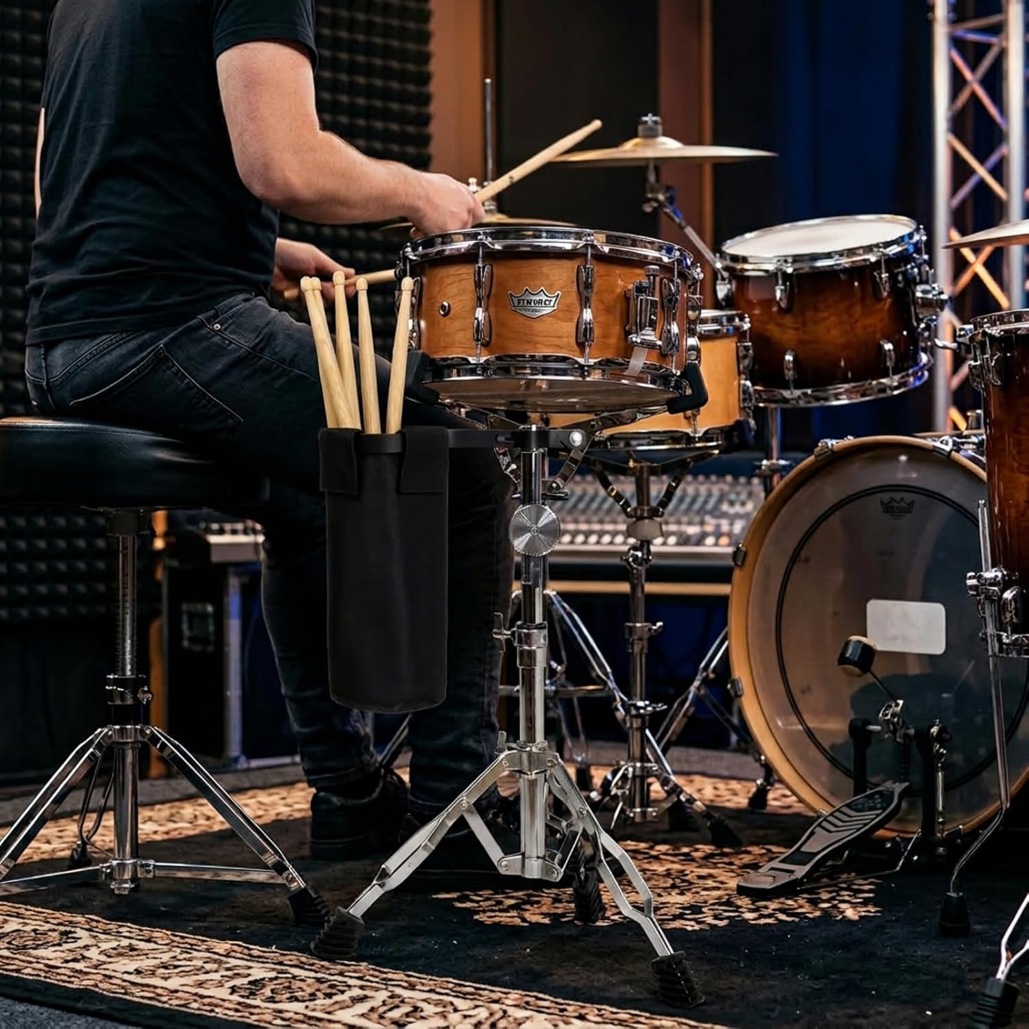 Snare Drum Stand for 10"-14" Drums, Double Braced Heavy Duty Steel with Adjustable Height 17.7"-26.8", with Drum Stick Holder for 10 Pairs, for Snare Drums, Practice Pads and Live Performance