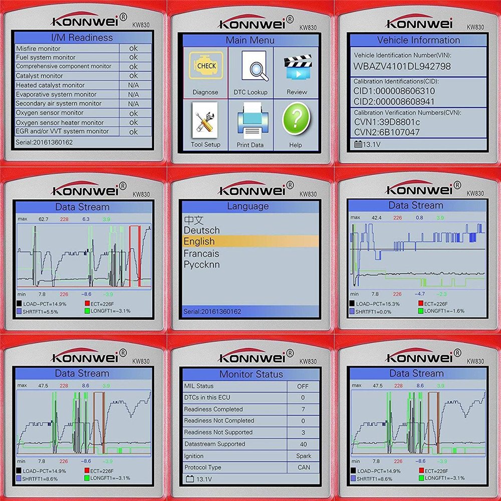 KONNWEI KW830 OBDII OBD2 EOBD - Escáner de diagnóstico automático para leer y borrar códigos de problemas del vehículo (rojo)