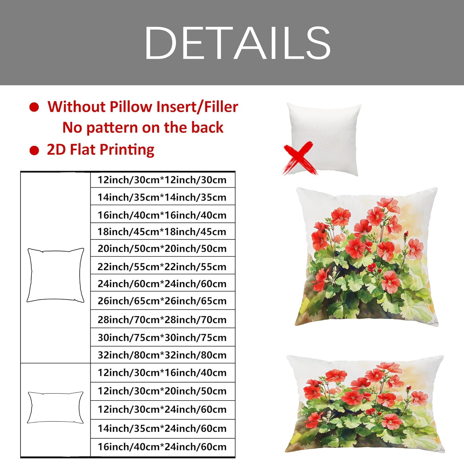 Spring Floral Pillow Covers Set of 2, Red Geranium Plant Throw Pillows Case, Outdoor Decorative Square Home Decor Cushion Covers for Sofa Bed Couch 32x32 Inch