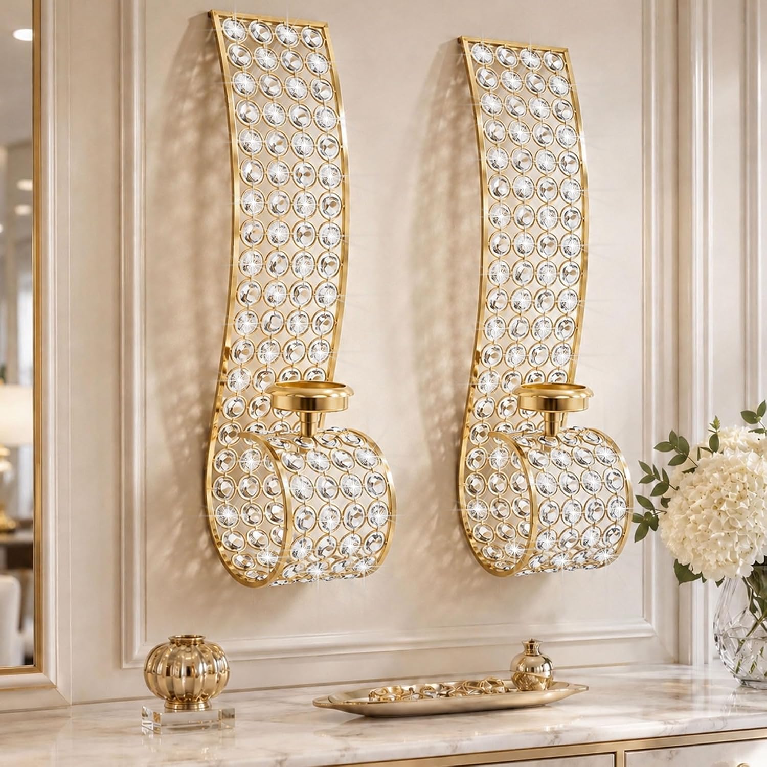 Crystal Wall Candle Sconces Gold Tealight Candle Holder for Wall Bead Metal Candle Centerpiece Décor for Party Wedding Anniversary, Set of 2