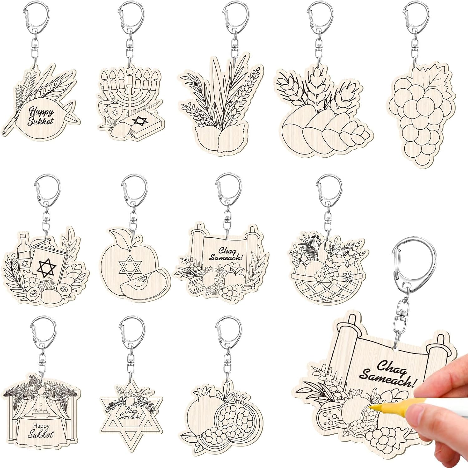 RattanView 48 Pcs Rainforest Falls VBS Craft Color Your Own Keychains DIY Craft Wooden Blank Keychains for Sunday School Classroom Home Active Party Favors Gifts, 12 Styles