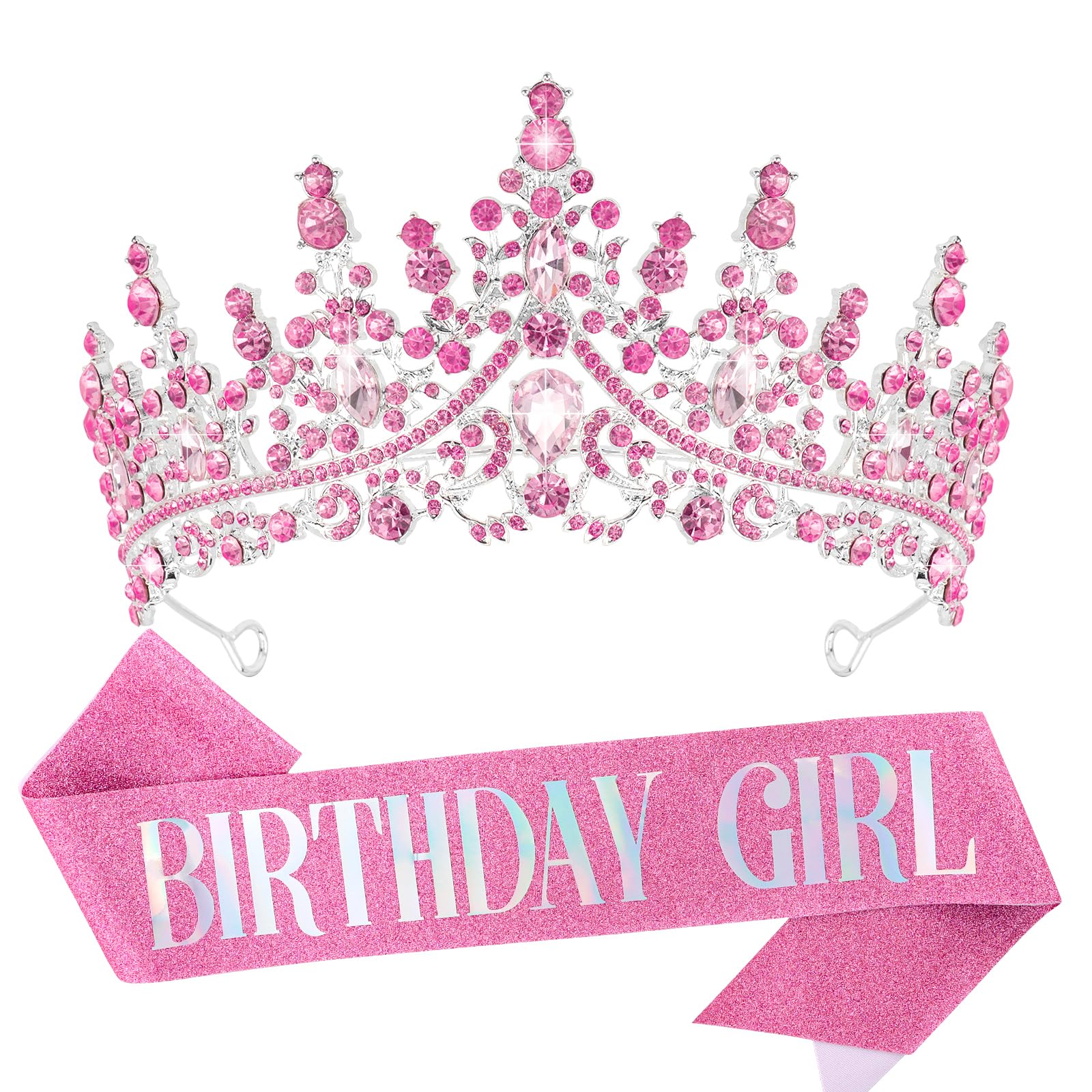 VELSCRUN Birthday Tiara Crowns for Women Girls Crystal Birthday Girl Headband Sash Elegant Princess Crown Happy Birth Party Decorations Women Sisters