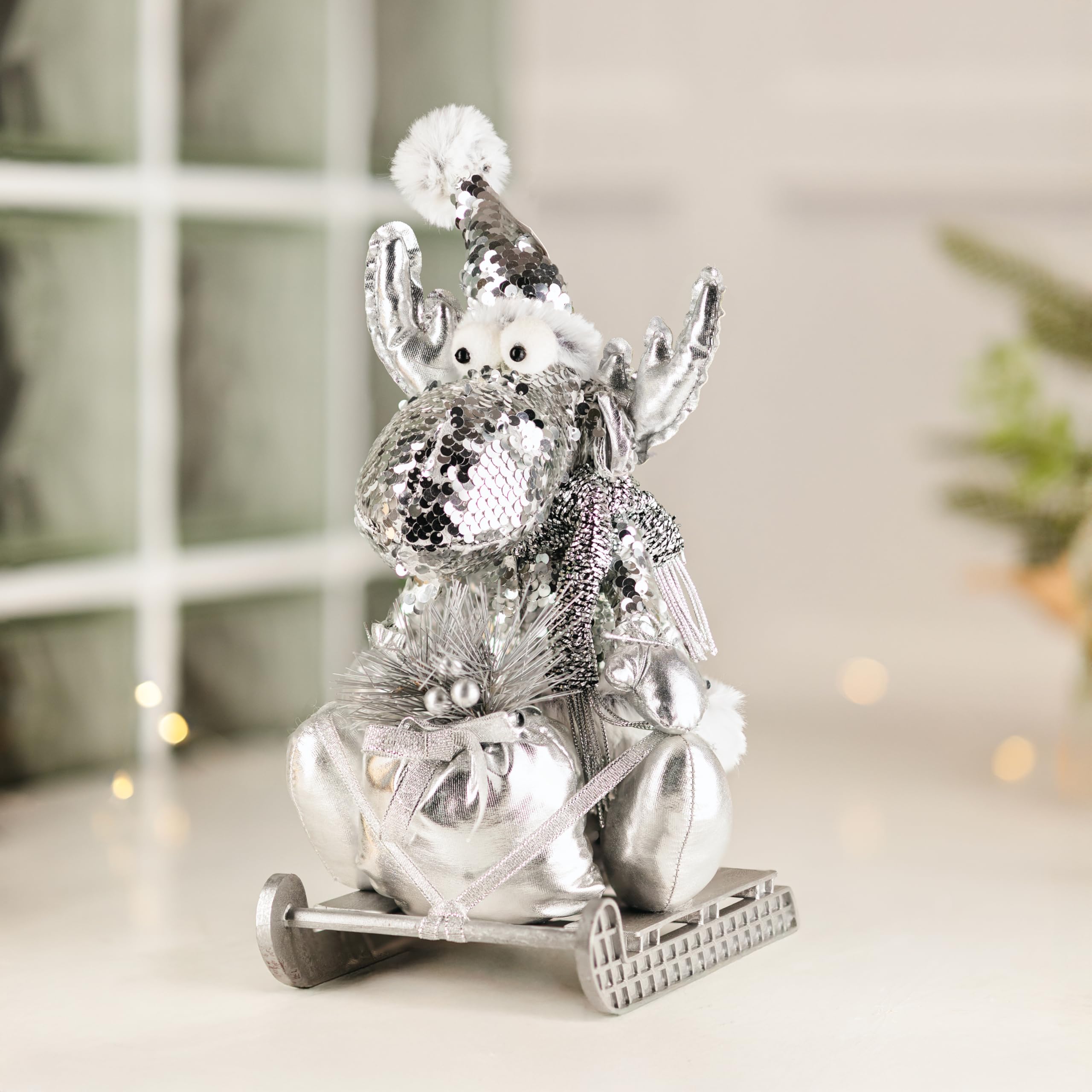 HomeZone Silver Sequin Reindeer Ornament – 34cm Free-Standing Christmas Decoration – Indoor Festive Sleigh Figure with Glitter Finish for Table, Mantel & Xmas Home Décor