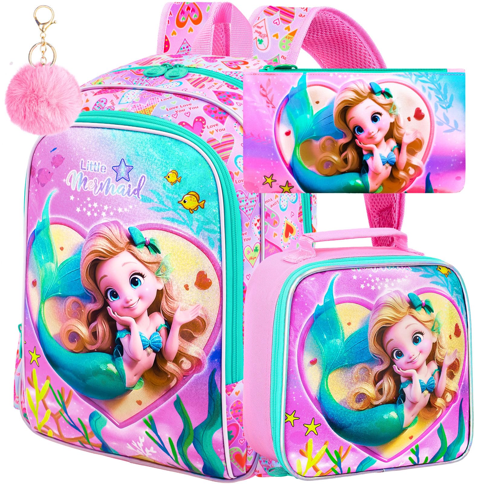 TXHVO 3Pcs Mermaid Backpack, 16" Kids Bookbag for Girls with Lunch Box, School Backpacks Set for Elementary Preschool Kindergarten(Pink)