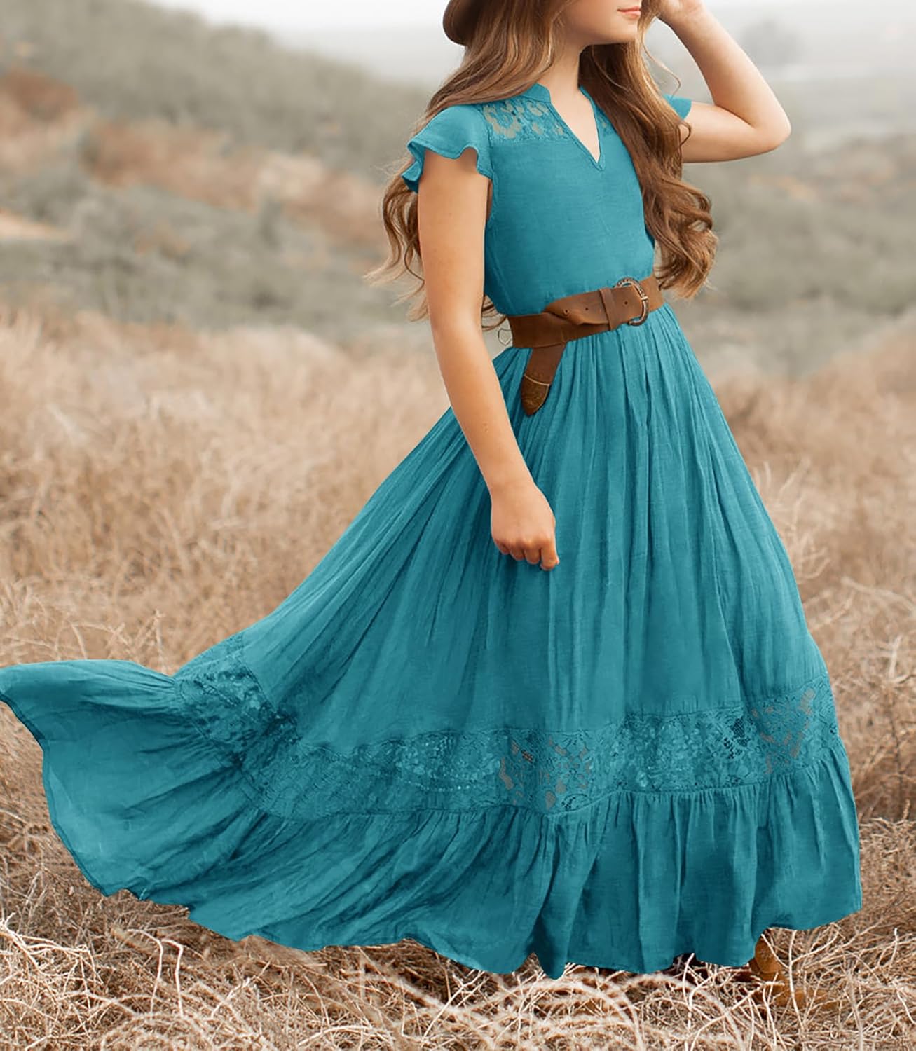 HOSIKA Girls Elegant Lace Ruffle Sleeve A-Line Formal Wedding Party Flower Girl Dress 6-12 Years