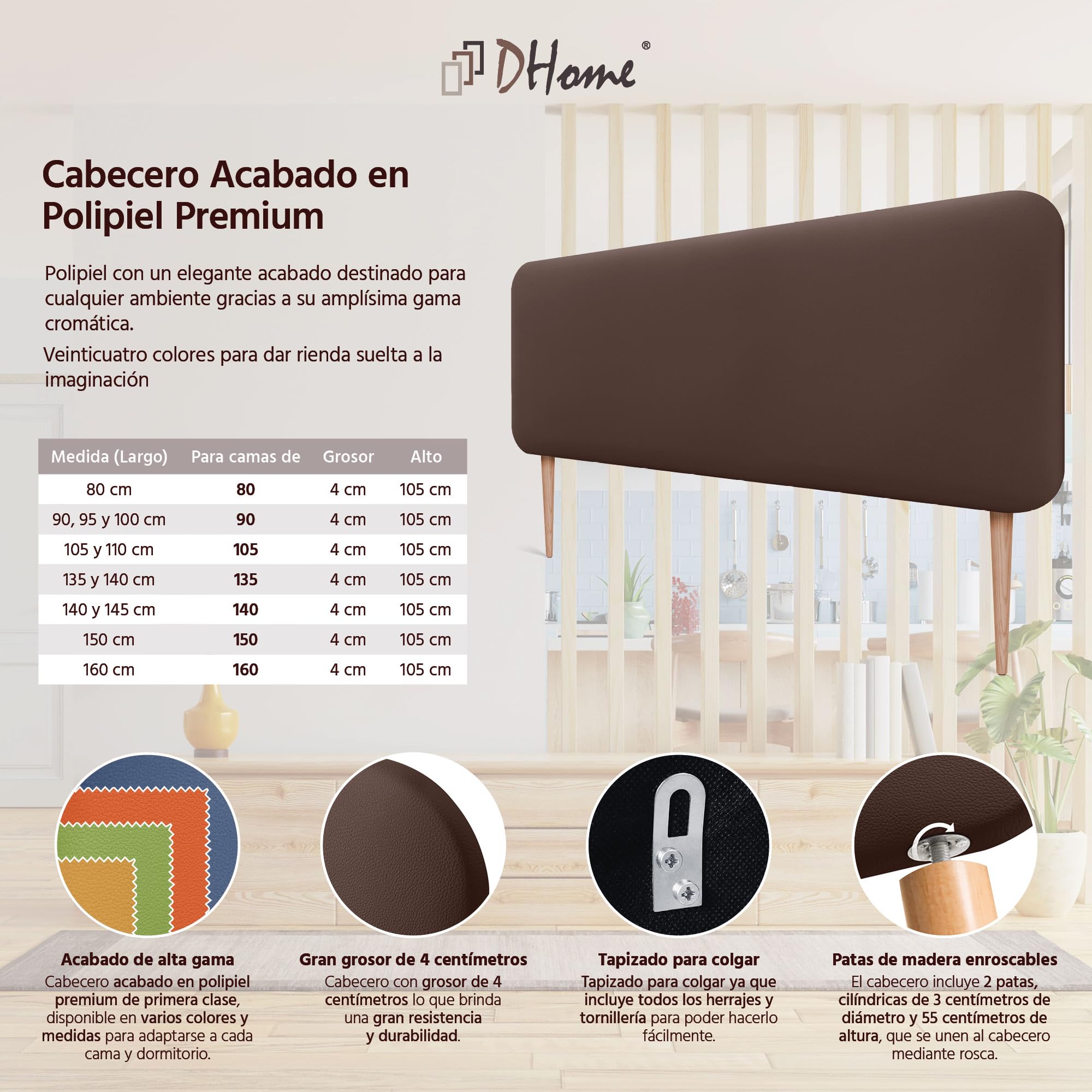 DHOME Testiera Imbottita Liscia Arrotondata in Similpelle con Gambe per Parete Acustica Testate Letto Fonoassorbenti Camera da Letto (Cioccolato, 160cm)