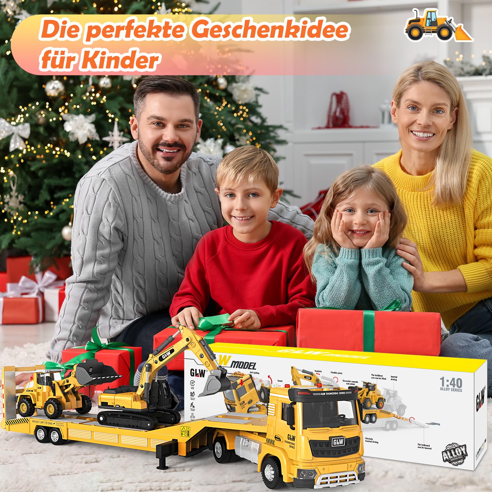 Spielzeug ab 3 Jahren Junge: Kinderspielzeug LKW mit Bagger, Bulldozer, Langen Baustellenfahrzeugen Autotransporter Lastwagen mit Licht und Sound, Kindergeschenke für Jungen ab 3 4 5 6 7 Jahren