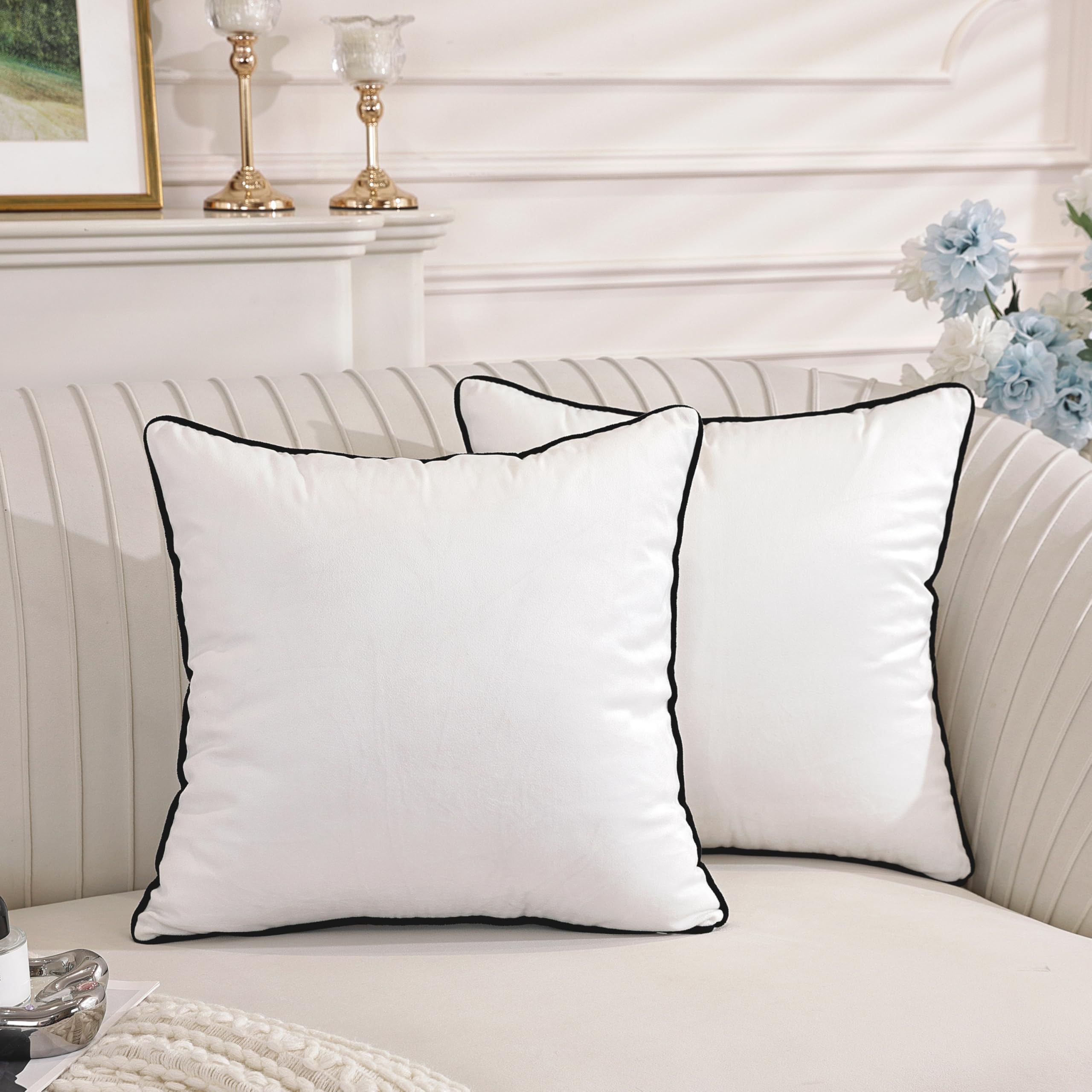 TAOSON Set of 2,White Velvet Throw Pillow Covers Decorative Black Rope Edging Couch Pillow Covers for Modern Home Decor Cushion Cases Pillowcases for Living Room Couch Sofa Bed Bedroom,18x18 Inch