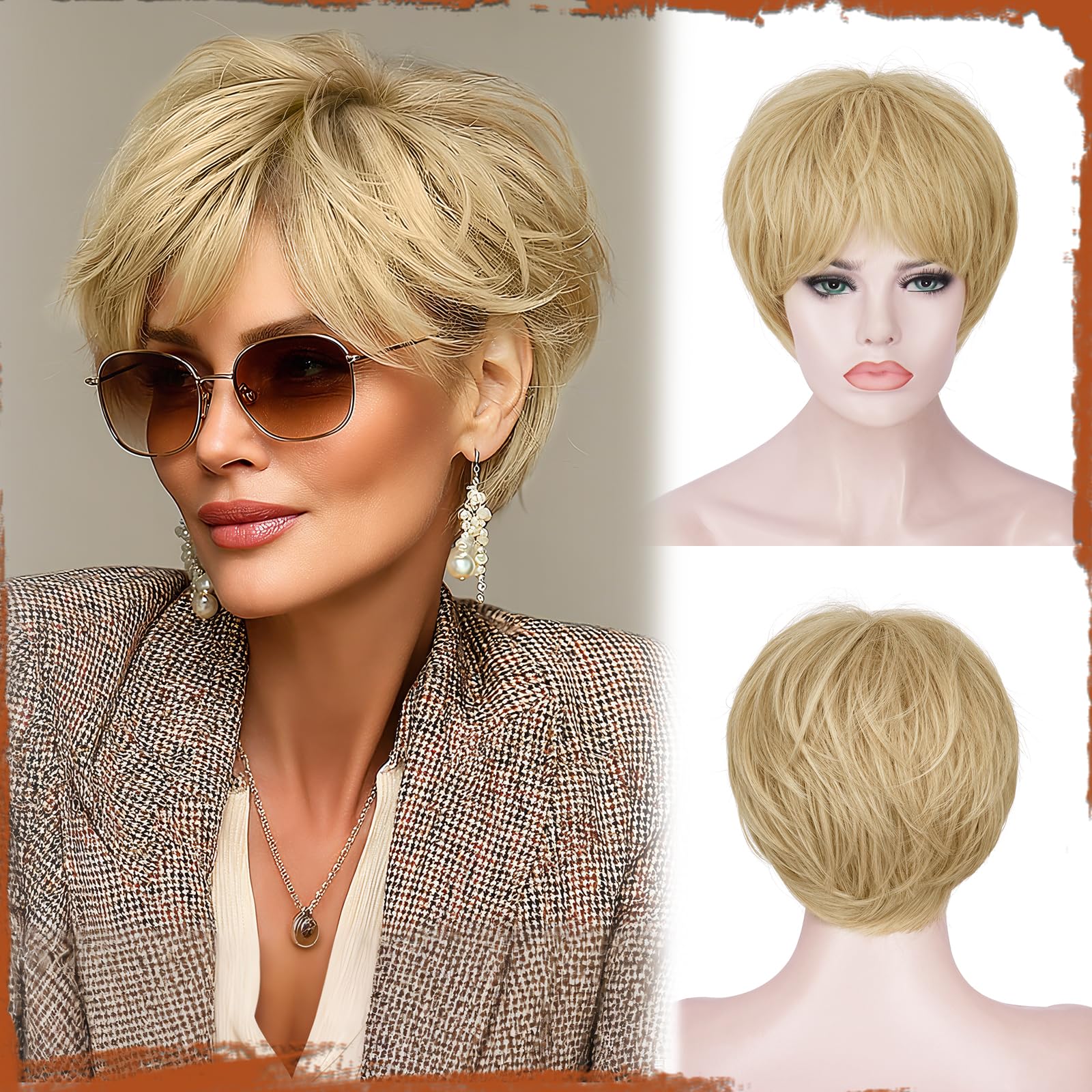 – Sofeiyan Pixie Cut Wig,Short Pixie Haircut Wig with Bangs Glueless Layered Synthetic Hair Wigs for Women Soft Heat Resistant Natural Looking Wigs for Daily Party Use,9 Inch Blonde