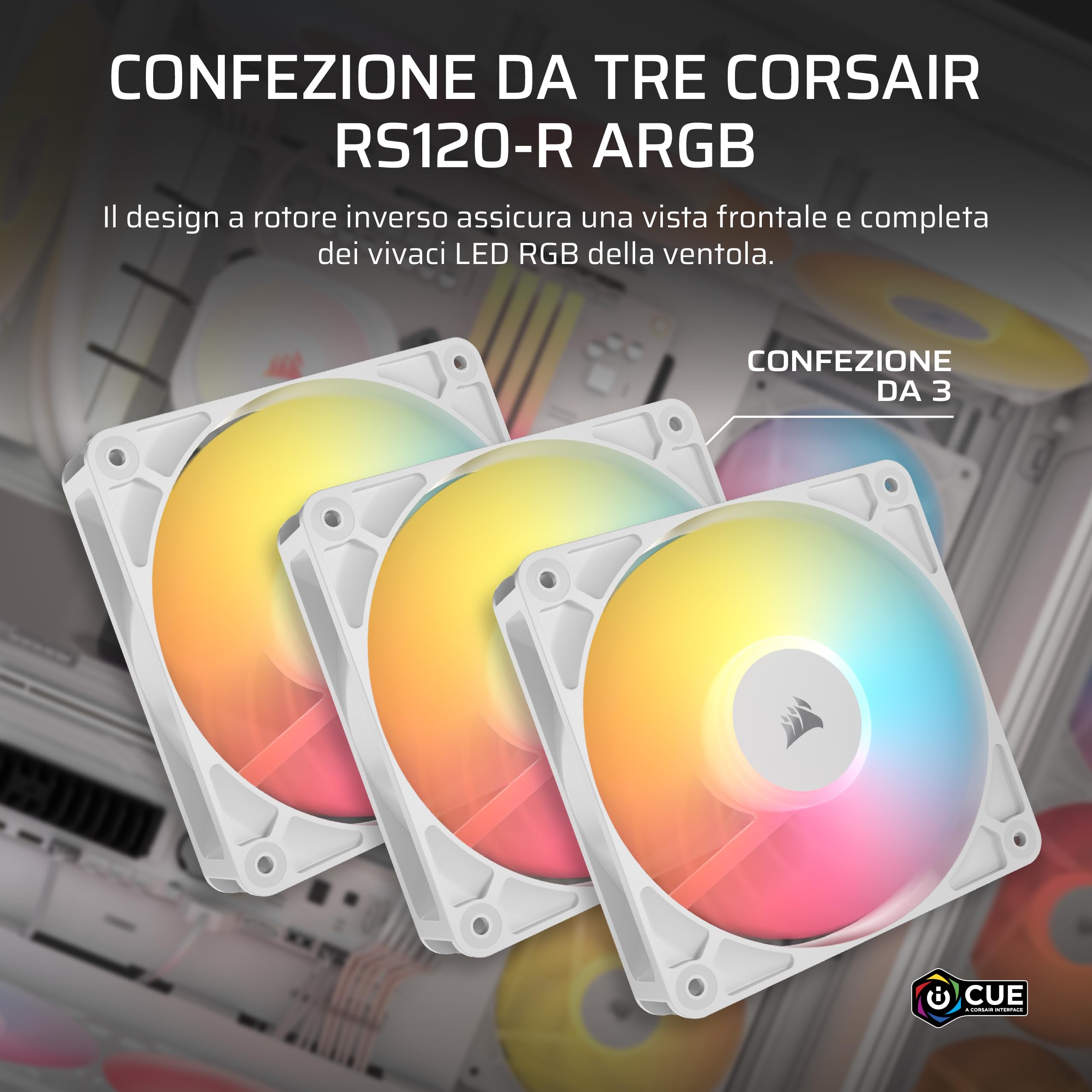 CORSAIR RS120-R Ventole ARGB PWM 120mm Inverse Flow – 3 Pezzi – 8 LED RGB, Connessioni ARGB a +5V, Alta Pressione Statica, Daisy-Chain, Cuscinetto Magnetico, Modalità Zero RPM – Bianco