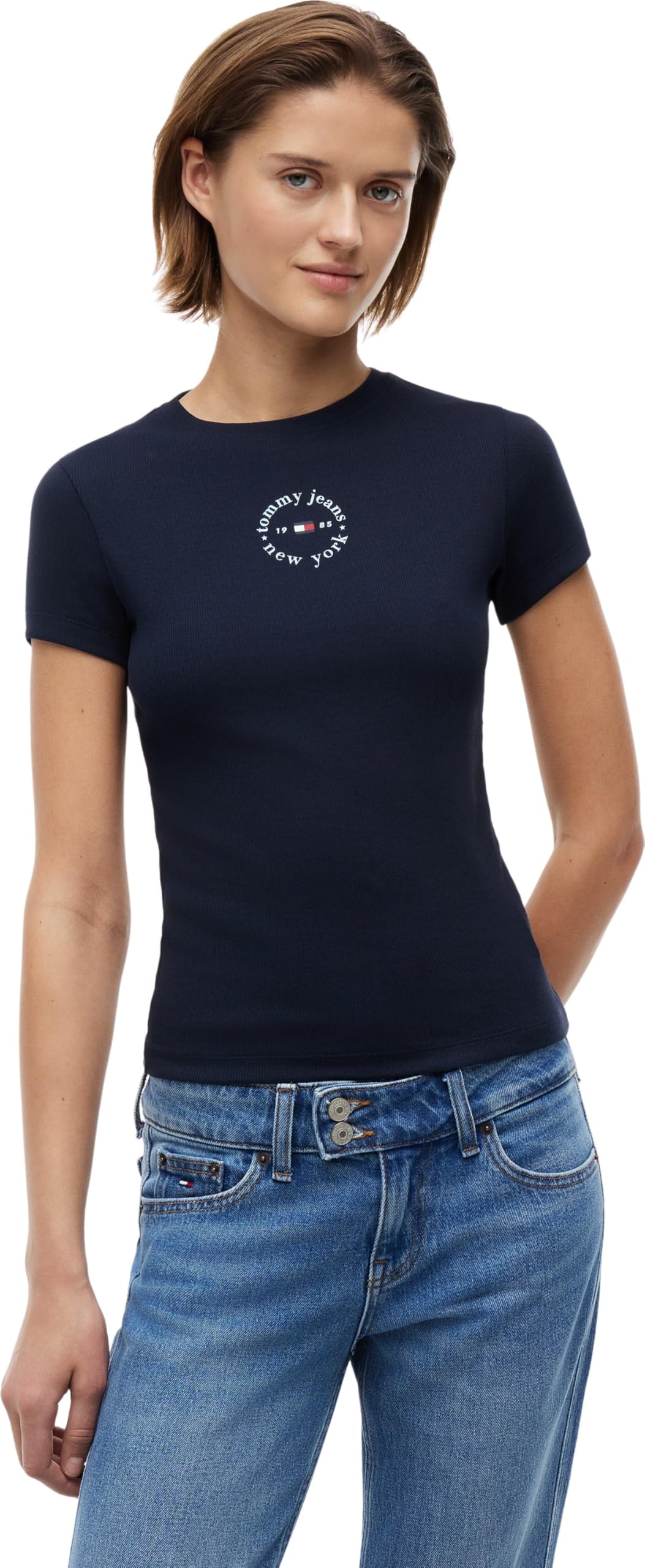 Tommy Jeans Women's Tjw Slim Ess Logo2 Rib Tee Ext DW0DW22807 S/S T-Shirt, Blue (Dark Night Navy), S