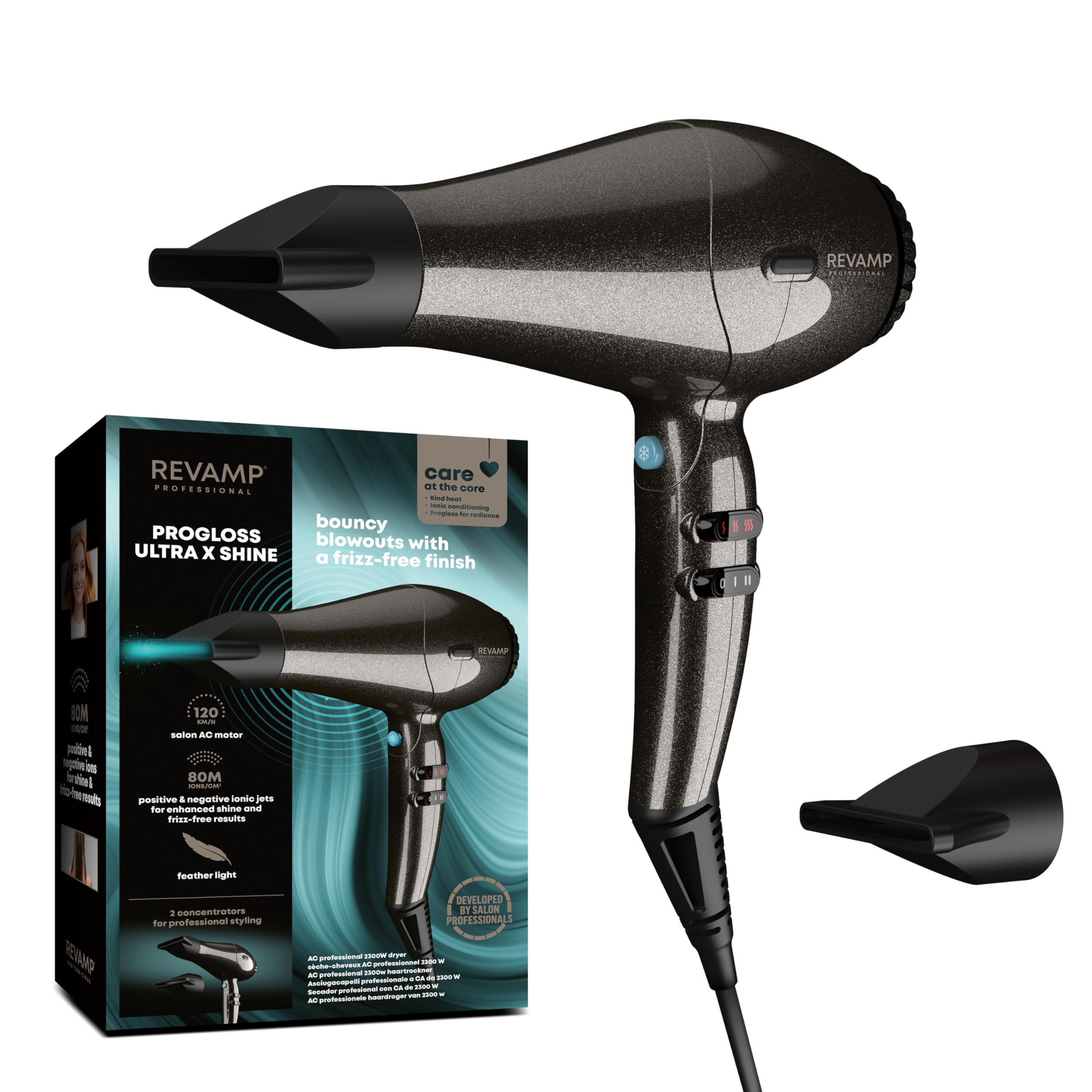REVAMP Featherlite Ultra X Shine Ionic Haartrockner – Professioneller Haartrockner, Hochleistungs-AC-Motor, leistungsstarker Luftstrom, schnelles Föhnen, Leichtgewicht, Kaltstufe, 2 Aufsätze