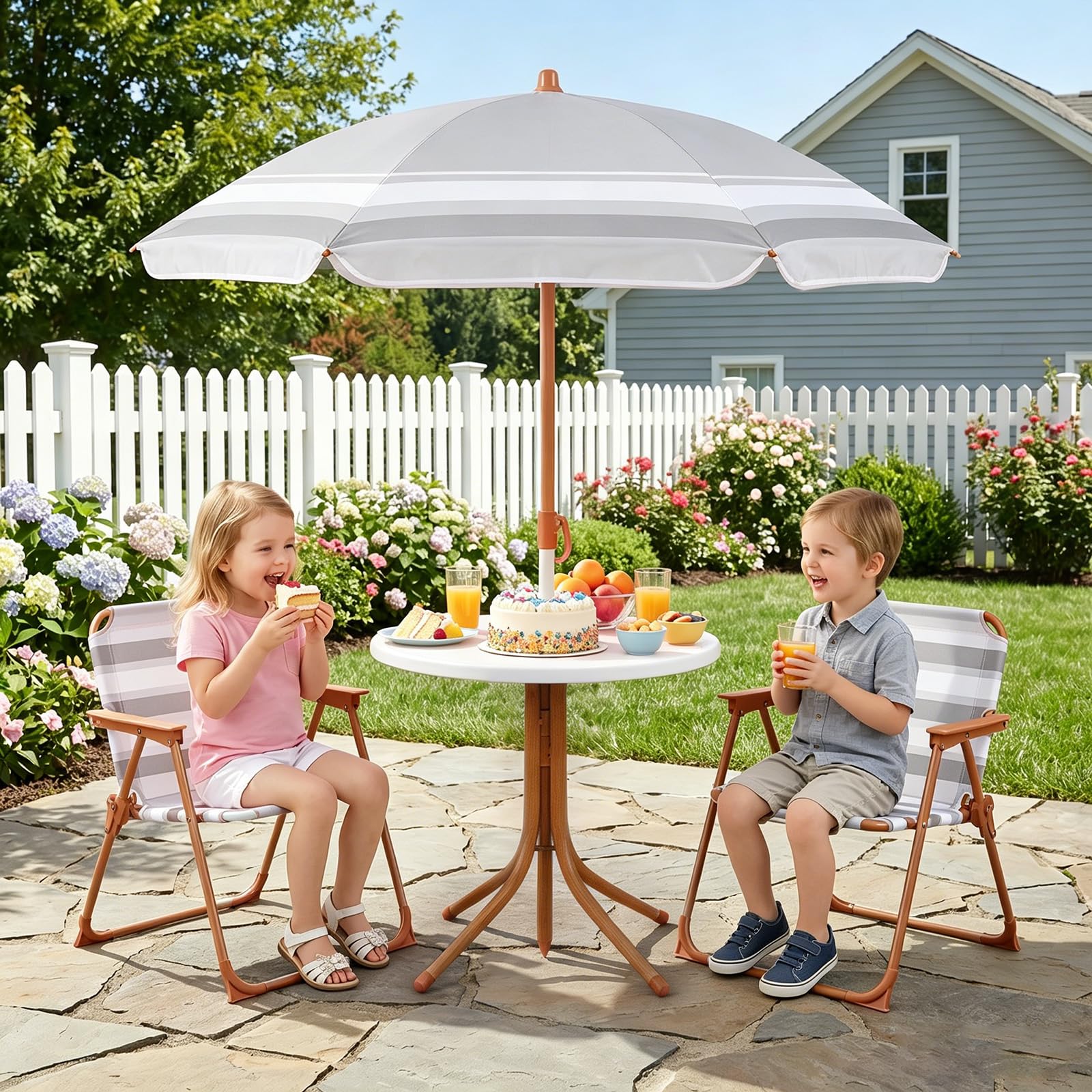 COSTWAY Kindersitzgruppe mit höhenverstellbarem Sonnenschirm, 4 TLG. Kindersitzgarnitur mit Tisch & 2 Klappstühlen, Kinder Picknicktisch Outdoor, Kinder Gartenmöbel für Terrasse, Strand (Natur)
