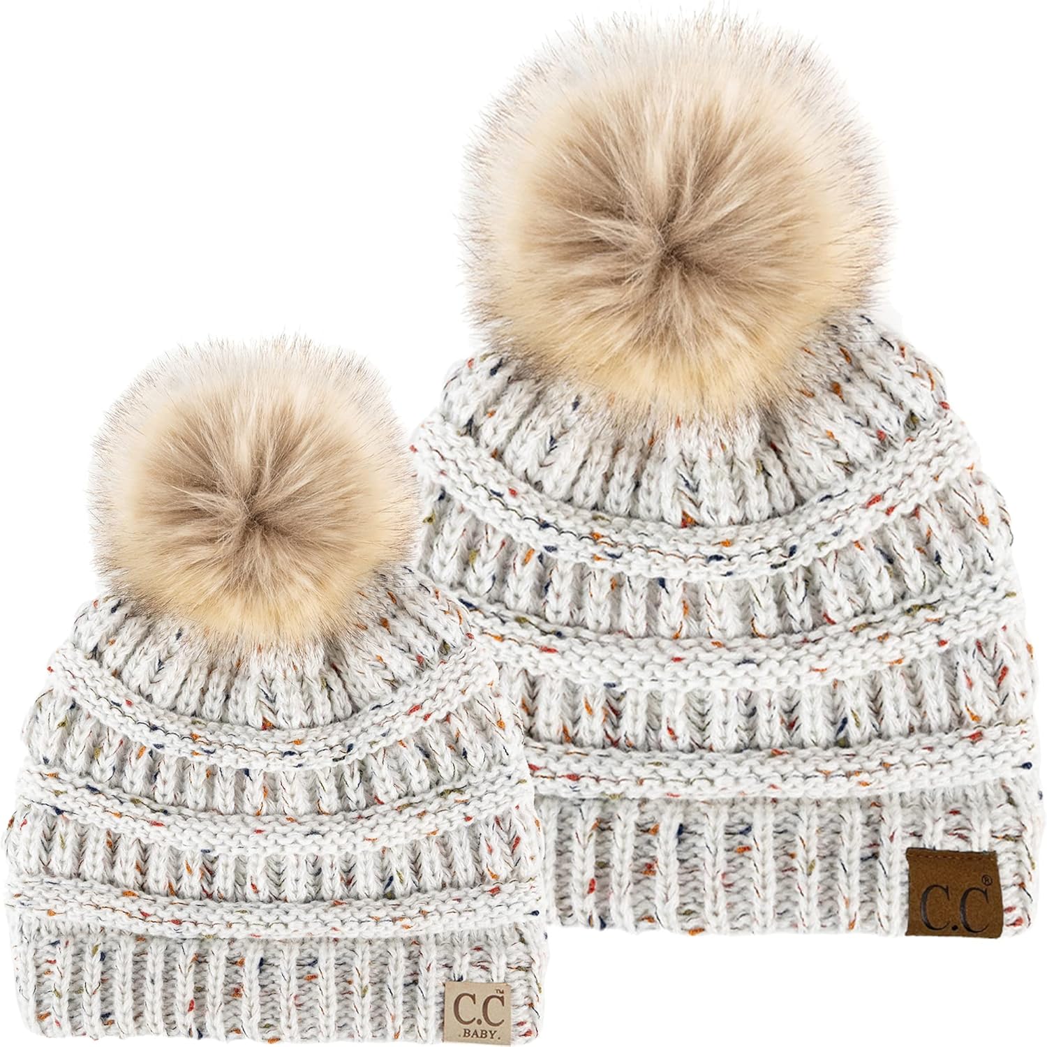 Funky Junque Mommy & Me Pom Pom Beanies Set – Infant Baby & Mom Matching Winter Outfits, Warm Newborn & Women's Beanie Hats